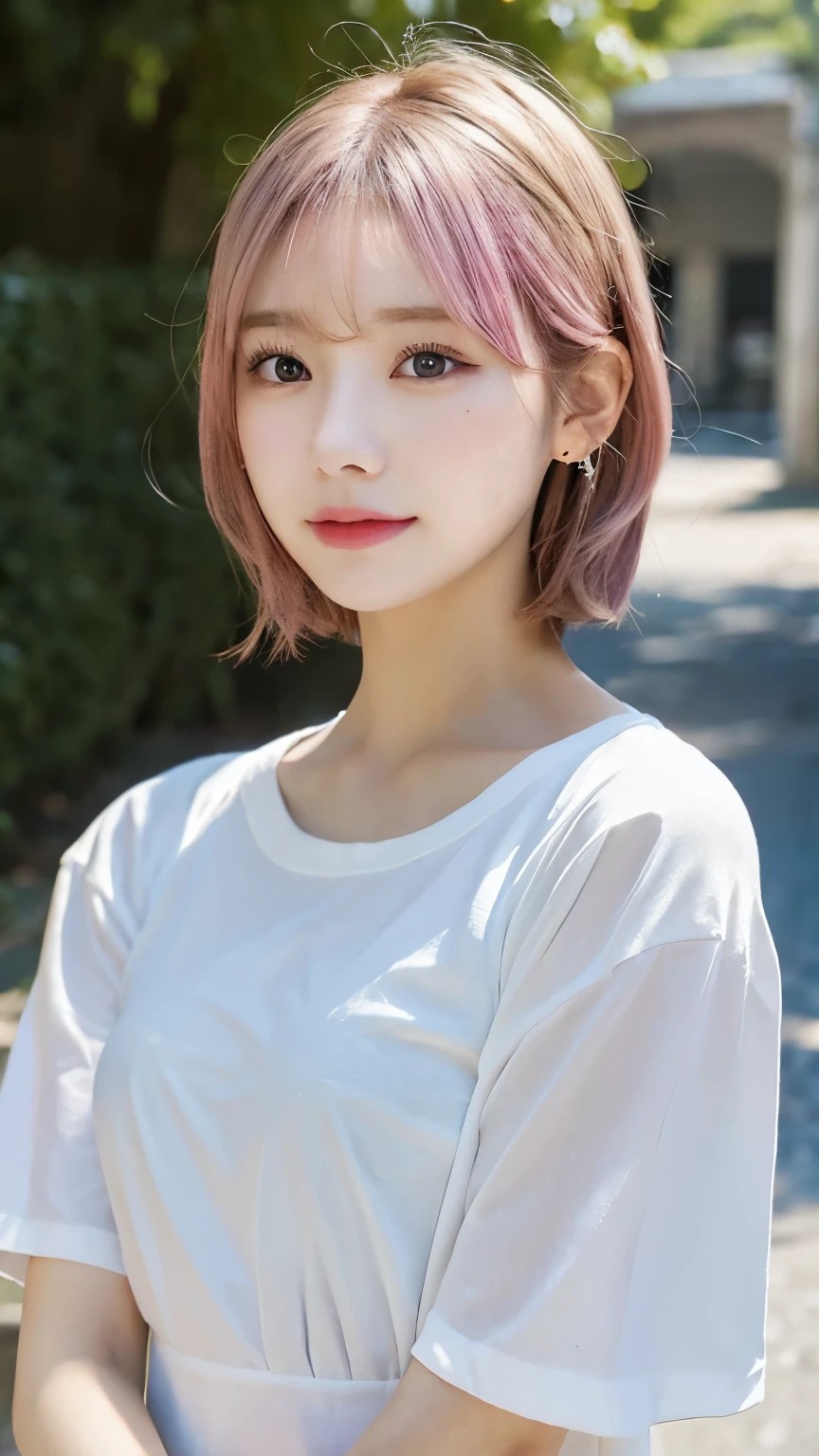 woman standing upright facing camera、Dress simply、exposed、Thin white shirt、(best quality,masterpiece:1.3,Ultra-high resolution,),(Super detailed,Caustic lines),(Photo realism:1.4,RAW Shooting,)Ultra-realistic capture,Very detailed,HD 16K human skin、 Natural skin texture、、Skin looks even and healthy、 Use natural light and color,A woman,Japanese,,Lovely,Pink Hair,Zhongfa,(Depth of writing boundaries、Chromatic Aberration、、Wide lighting range、Natural shade、)、(daytime outdoor lights:1.4)、(hair swaying in the wind:1)、short hair、Hair accessories、Wear it on your ears