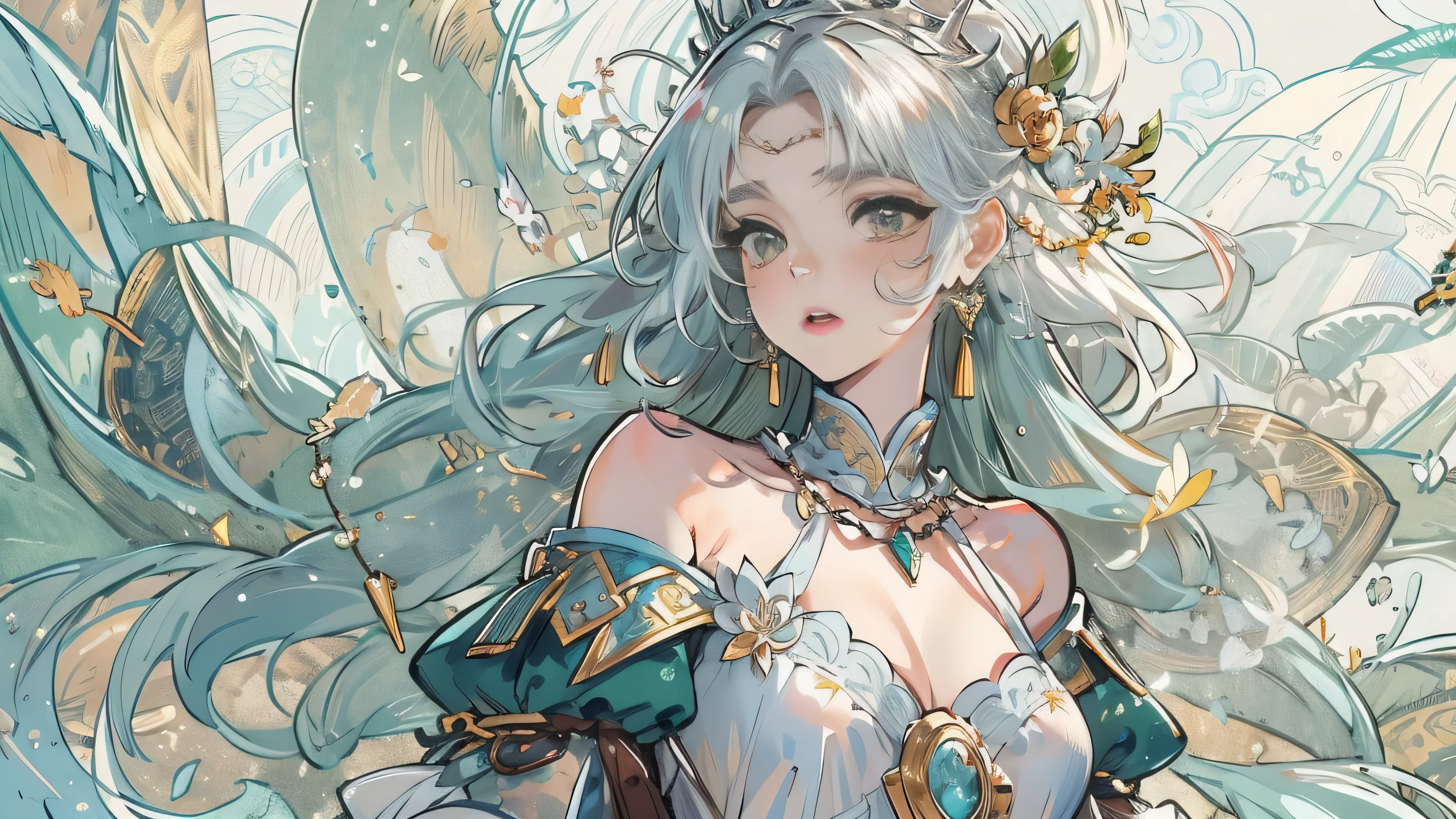 Thick acrylic illustration on pixiv, gorgeousEuropean girl, by Kawacy, by john singer sargent,Masterpiece upper body, Silver white long hair,European noble clothing, green tone, willowsunny day, Exquisite and complex clothing, softcolor, crystal necklace, metallic light, god lightrich details, highest quality, ultra-detailed.extremely delicate, the latest pixiv illustrations.delicate decorations, dynamic poses, dynamicangles, gorgeous light and shadow