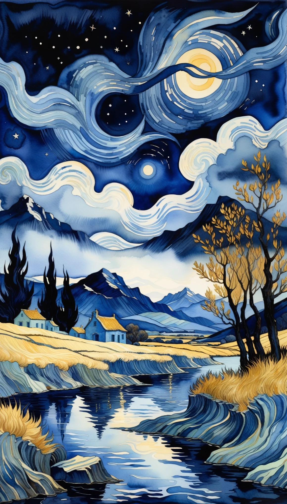 a fantasy landscape in a very dark blue color, van Gogh style, Watercolor, trending on art station, sharp focus, studio photo, intricate details, highly detailed, by Greg Rutkowski