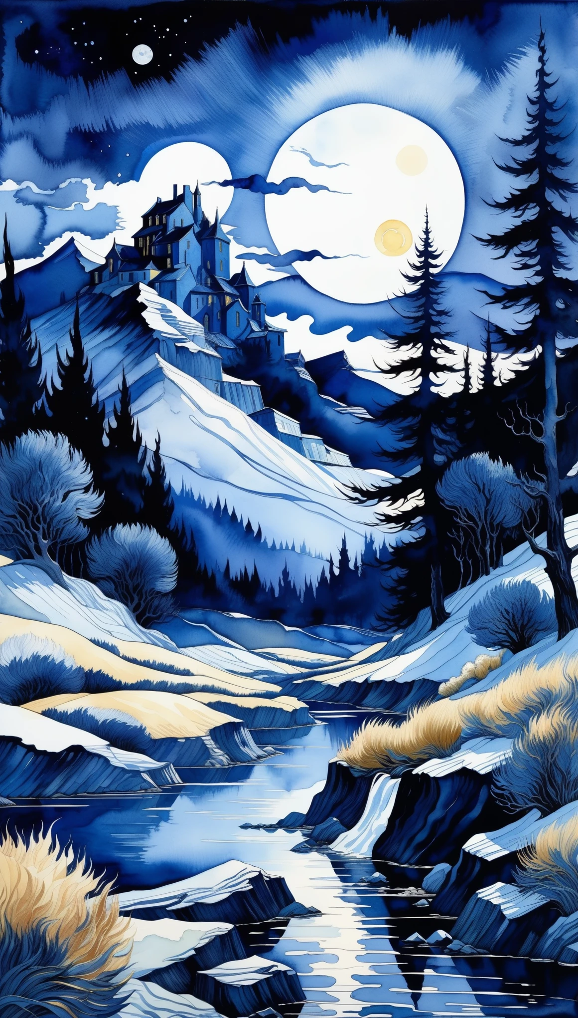 a fantasy landscape in a very dark blue color, van Gogh style, Watercolor, trending on art station, sharp focus, studio photo, intricate details, highly detailed, by Greg Rutkowski