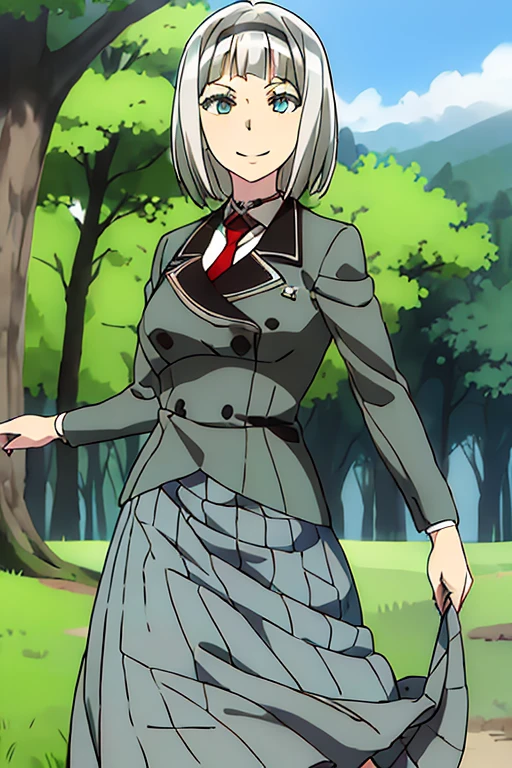 masterpiece, 1girl, anna nishikinomiya, short hair, silver hair, standing, skirt, lomg skirt, jacket, necktie, aqua eyes, smile, outside, forest, grass, beautiful