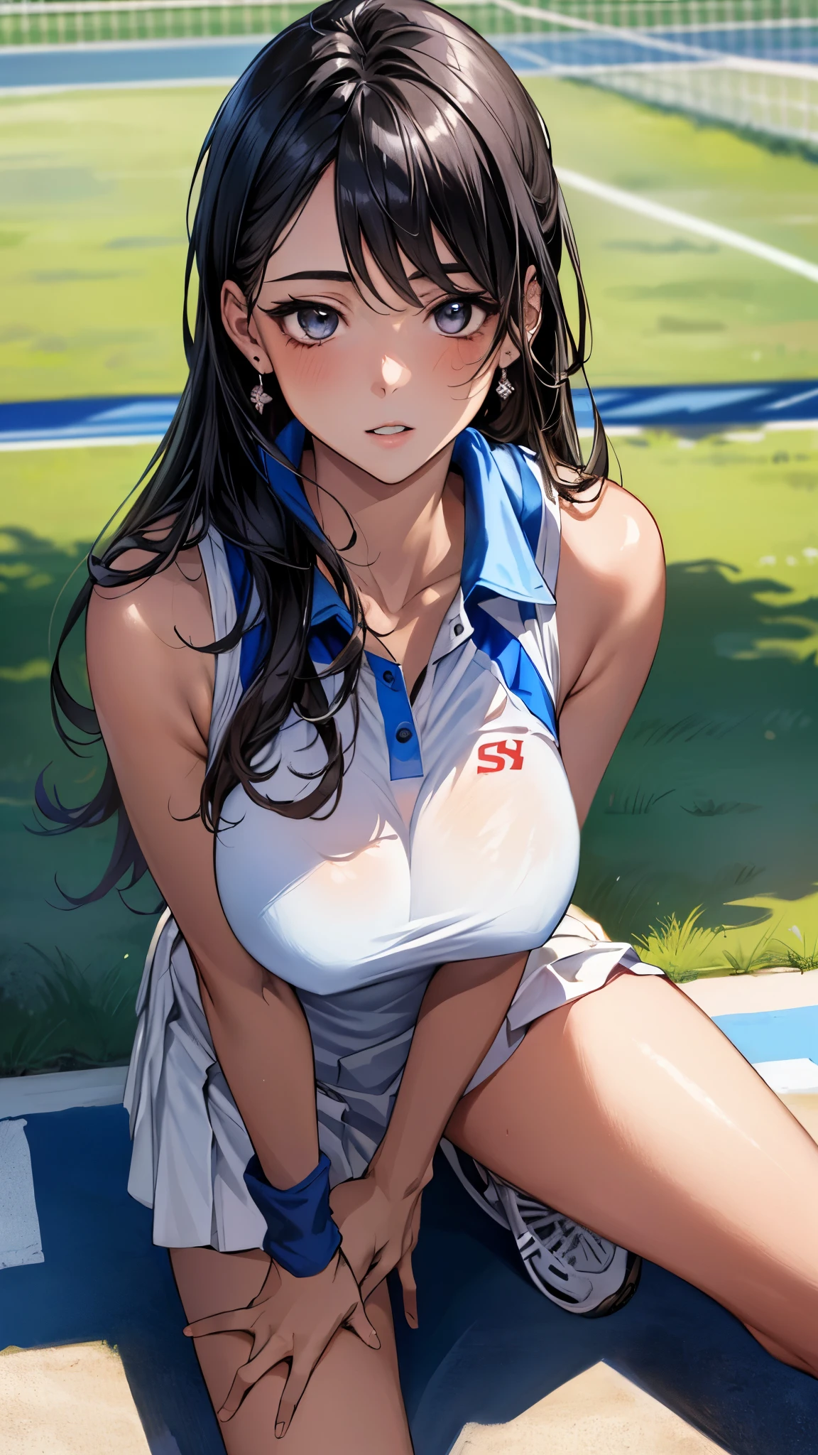 (masterpiece:1.3, top-quality, ultra high res, ultra detailed), (realistic, photorealistic:1.4), beautiful illustration, perfect lighting, natural lighting, colorful, depth of fields, nsfw, vulgality,
beautiful detailed hair, extremely detailed face, beautiful detailed eyes, beautiful clavicle, beautiful body, beautiful chest, beautiful thigh, beautiful legs, beautiful fingers,
looking at viewer, (from above), 1 girl, japanese-bitch, 24 years old, (perfect anatomy, anatomically correct, super detailed skin), cute and symmetrical face, perfect face, perfect eyes, perfect body, perfect fingers, (very tanned shiny skin), (skindentation), shiny skin,
(long hair, straight hair, messy hair:0.6, black hair), swept bangs, blue eyes, drooping eyes, long eyelashes, (large breasts, large hip, seductive thighs), slender, outstanding style,
((sleeveless, sexy shiny light blue tennis uniform)), sun visor, blue tennis wristbands,
(beautiful scenery), daytime, (stennis court:1.2), ((sexy pose, orgasm)), standing, (parted lips),