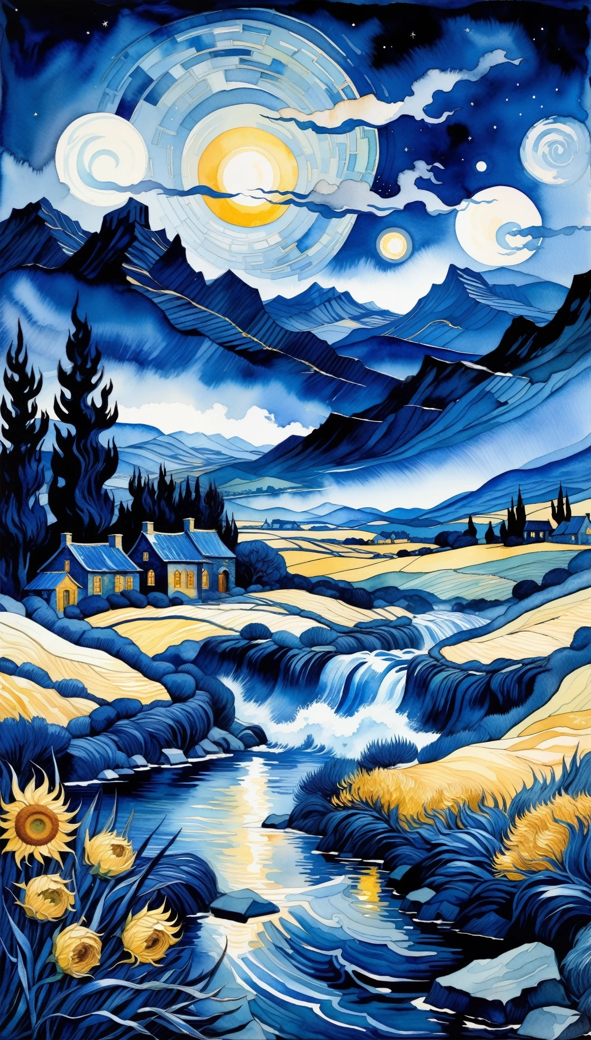 a fantasy landscape in a very dark blue color, van Gogh style, Watercolor, trending on art station, sharp focus, studio photo, intricate details, highly detailed, by Greg Rutkowski