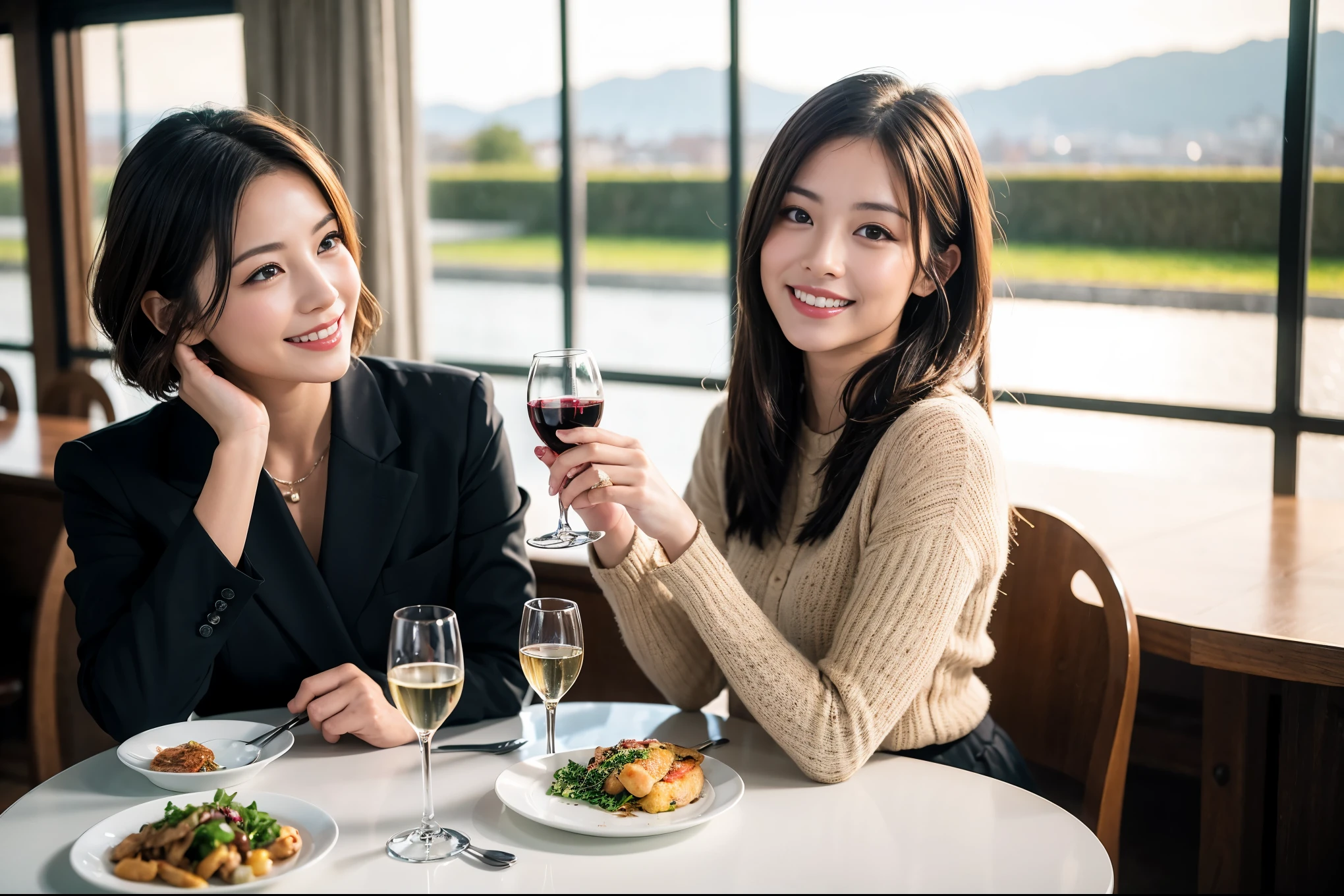 ((highest quality、8k、masterpiece:1.3))、1 male 1 female、Satomi Ishihara-like beautiful couple、Lovers、Couple、The body is slim、full-course dinner、Wine glass on the table、Shine light on your face、 Amazing view of the sunset sky and clouds、A bright smile、The wonderfulness of smile、Bright image、 short hair,Bright Face、 (Age 37), "41 years old, red wine 、Appetizers、Italian food、Wine bottle、Champagne、sparkling wine、Two beauties、Brown Hair、Shortcuts、Long sleeve shirt、dress、Pretty Woman 1, (Slim face), (The body is slim), (Brown Hair), (Shortcuts), cheeks turn a little red,Attractive beauty、restaurant, In a prominent place (From the waist up) Nova Frog Style, actress, model, Upper Body, White wine, slim, wine glass, A wine glass placed in the center, smile, (smile: 1.15), Beautiful fine grain, Depth f/2,saturation, High Contrast, Strong light and shadow,Moist Body:1.5、3D texture、Delicate eyes、Brown Hair、The hair is very shiny、
