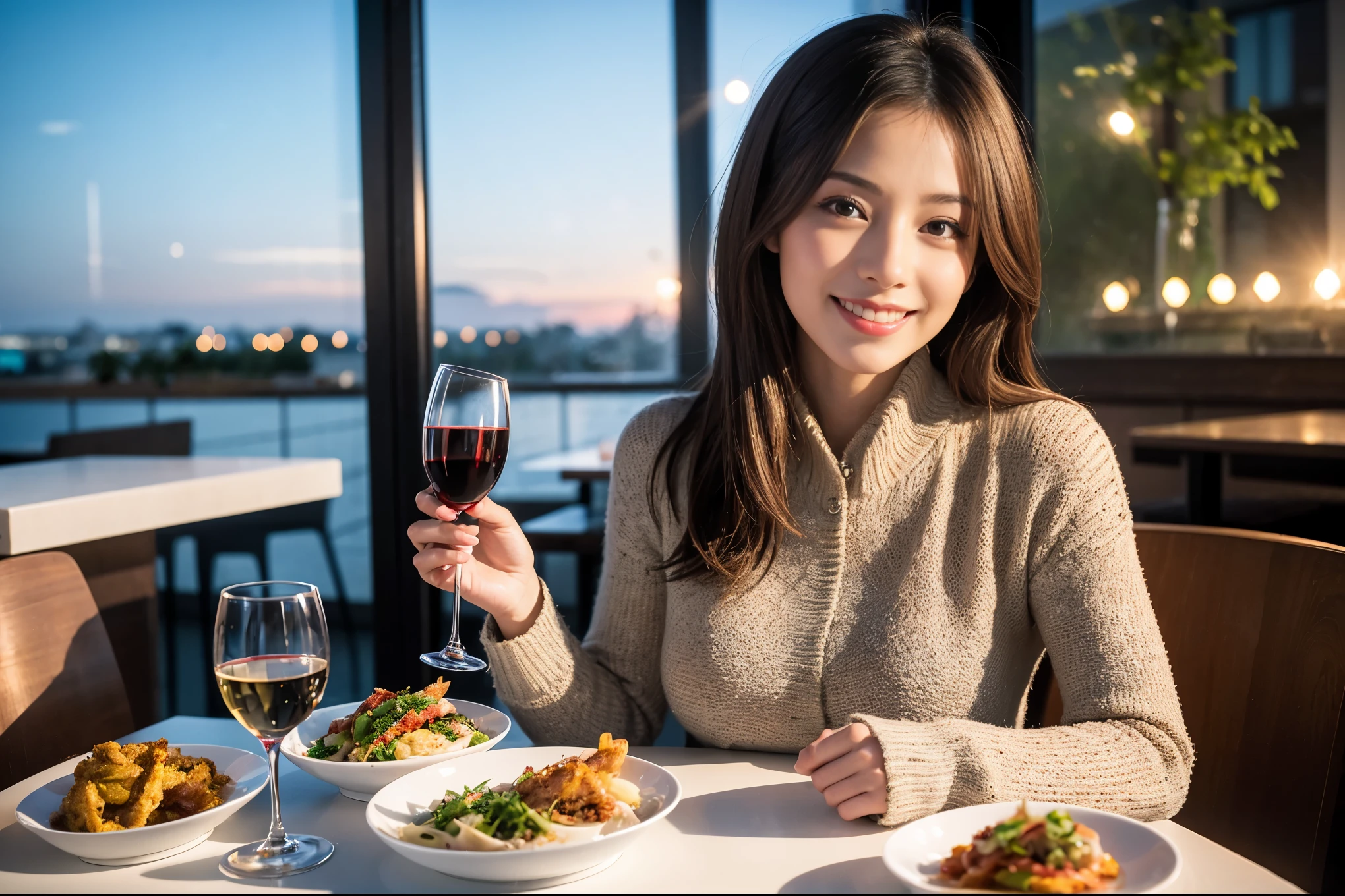 ((highest quality、8k、masterpiece:1.3))、1 male 1 female、Satomi Ishihara-like beautiful couple、Lovers、Couple、The body is slim、full-course dinner、Wine glass on the table、Shine light on your face、 Amazing view of the sunset sky and clouds、A bright smile、The wonderfulness of smile、Bright image、 short hair,Bright Face、 (Age 37), "41 years old, red wine 、Appetizers、Italian food、Wine bottle、Champagne、sparkling wine、Two beauties、Brown Hair、Shortcuts、Long sleeve shirt、dress、Pretty Woman 1, (Slim face), (The body is slim), (Brown Hair), (Shortcuts), cheeks turn a little red,Attractive beauty、restaurant, In a prominent place (From the waist up) Nova Frog Style, actress, model, Upper Body, White wine, slim, wine glass, A wine glass placed in the center, smile, (smile: 1.15), Beautiful fine grain, Depth f/2,saturation, High Contrast, Strong light and shadow,Moist Body:1.5、3D texture、Delicate eyes、Brown Hair、The hair is very shiny、