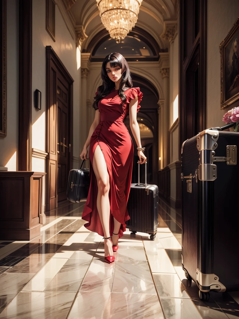 An incredibly beautiful young femme fatale brunette with long black straight hair, long bangs, dressed in a light short summer red dress, purple eyes, high-heeled shoes, next to her a large suitcase on wheels, in her hands a small purse. She's standing in the lobby of the hotel. Masterpiece, beautiful face, perfect image, realistic photos, full-length image, 8k, detailed image, extremely detailed illustration, a real masterpiece of the highest quality, with careful drawing. In full growth.