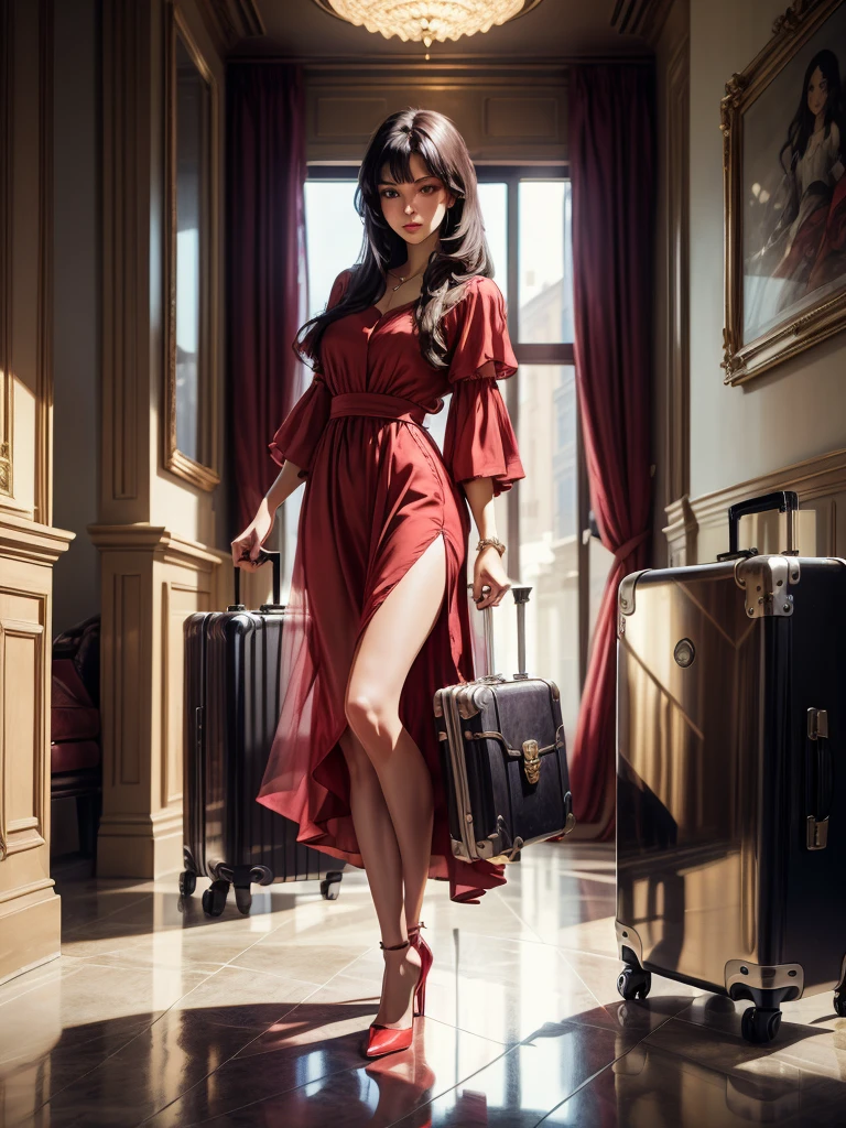 An incredibly beautiful young femme fatale brunette with long black straight hair, long bangs, dressed in a light short summer red dress, purple eyes, high-heeled shoes, next to her a large suitcase on wheels, in her hands a small purse. She's standing in the lobby of the hotel. Masterpiece, beautiful face, perfect image, realistic photos, full-length image, 8k, detailed image, extremely detailed illustration, a real masterpiece of the highest quality, with careful drawing. In full growth.