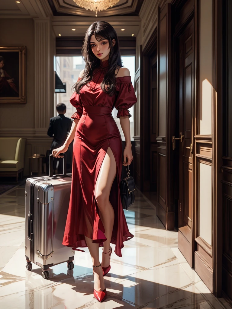 An incredibly beautiful young femme fatale brunette with long black straight hair, long bangs, dressed in a light short summer red dress, purple eyes, high-heeled shoes, next to her a large suitcase on wheels, in her hands a small purse. She's standing in the lobby of the hotel. Masterpiece, beautiful face, perfect image, realistic photos, full-length image, 8k, detailed image, extremely detailed illustration, a real masterpiece of the highest quality, with careful drawing. In full growth.