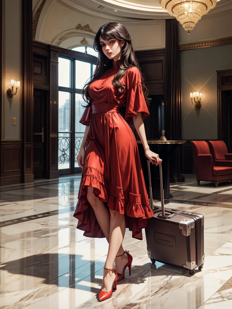 An incredibly beautiful young femme fatale brunette with long black straight hair, long bangs, dressed in a light short summer red dress, purple eyes, high-heeled shoes, next to her a large suitcase on wheels, in her hands a small purse. She's standing in the lobby of the hotel. Masterpiece, beautiful face, perfect image, realistic photos, full-length image, 8k, detailed image, extremely detailed illustration, a real masterpiece of the highest quality, with careful drawing. In full growth.