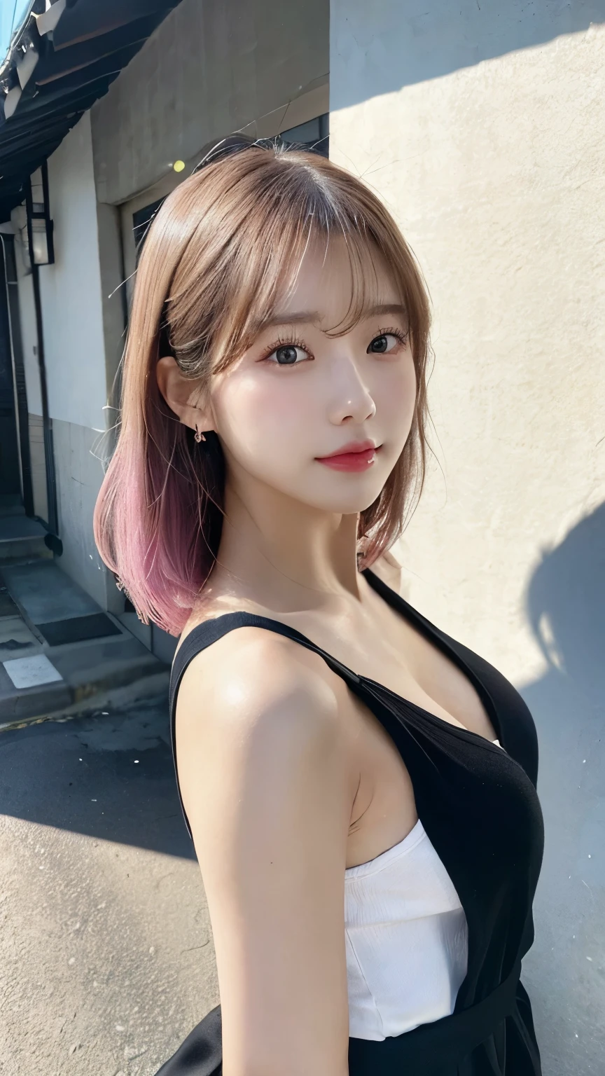 woman standing upright facing camera、Dress simply、exposed、Thin white shirt、(best quality,masterpiece:1.3,Ultra-high resolution,),(Super detailed,Caustic lines),(Photo realism:1.4,RAW Shooting,)Ultra-realistic capture,Very detailed,HD 16K human skin、 Natural skin texture、、Skin looks even and healthy、 Use natural light and color,A woman,Japanese,,Lovely,Pink Hair,Zhongfa,(Depth of writing boundaries、Chromatic Aberration、、Wide lighting range、Natural shade、)、(daytime outdoor lights:1.4)、(hair swaying in the wind:1)、short hair、Hair accessories、Wear it on your ears