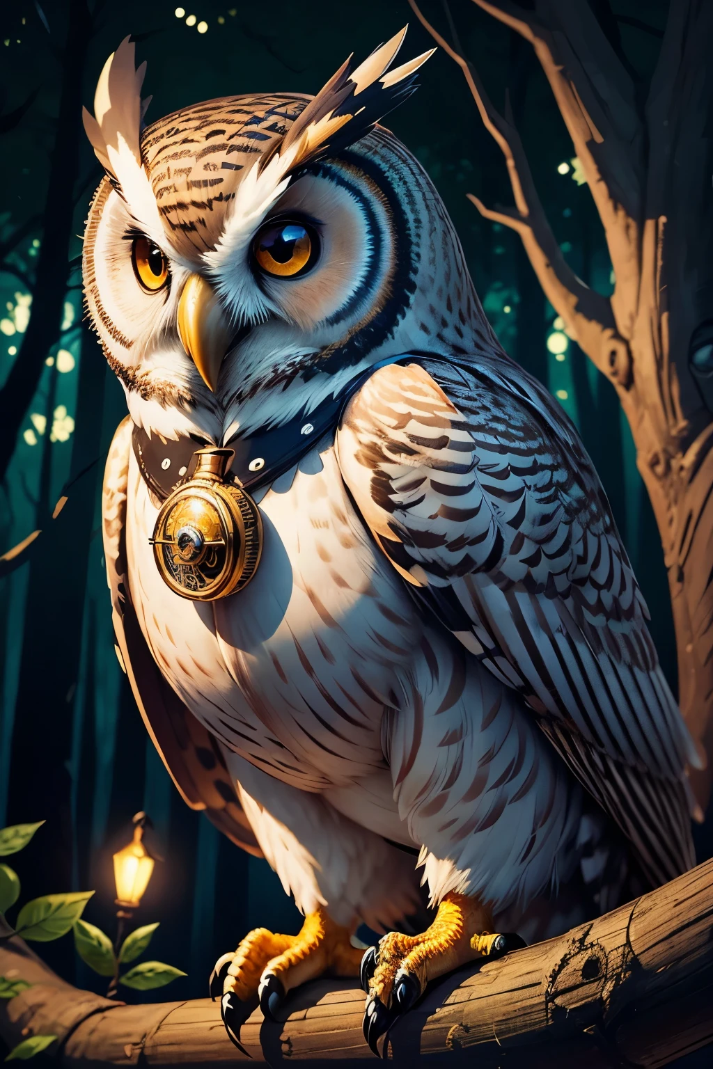 Owl wearing a Monocle, (wise eyes), old talons, night time, forest serene, masterpiece, proud bird