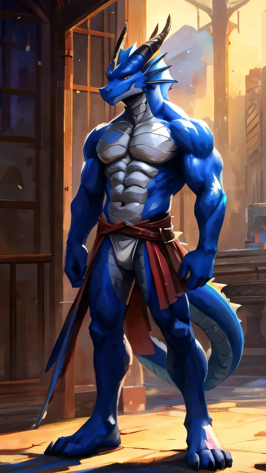 Sunlight，masterpiece，high quality，（（whole body）），dragonfurry〈agerfurry〉，Dragon family，Dragon form，teen，（Ice dragon），（（（dragon））），Blue Head，Two dragon horns on the head，〈〈Light blue short hair〉〉，blue eyes，White eyes，Light grey neck，Light gray chest muscles，Blue abs，blue back，Blue hands，Light Gray Palm，Light grey pad，Blue Legs，Light grey sole，Blue Tail，Light grey tail muscles，Blue dragon scales，A few dragon scales，The tail has segmented dragon scales，Strengthens muscles，Tall and skinny，（Thin waist），Pectoralis major，（Well-proportioned limbs），Long legs，Thick dragon tail，Long dragon tail，Mature face，Exquisite eyes，Detailed body，Detailed legs，（Perfect feet），（Perfect hands），Flat body，〈Skinny〉，high resolution，No shirt，No underwear，（（（Crotch bulge））），〈Snow background〉，in broad daylight，Slim，〈〈〈whole body〉〉〉，（（Fighting Stance）），（Look directly at the camera），Kenket&#39;s Art