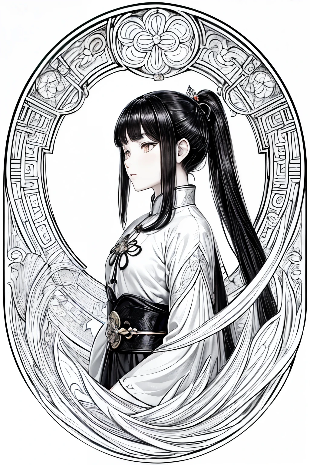 (Cloisonnism:1.2), White background, (post renaissance stained glass aesthetic:1.1), 1 Long haired Chinese girl ponytail head, no bangs, black hair, ((eyes full of luster and hope eternal:1.2)), Ancient Ming Dynasty elements and aesthetics, reasonable design, Clear lines, (lineart, monochrome)