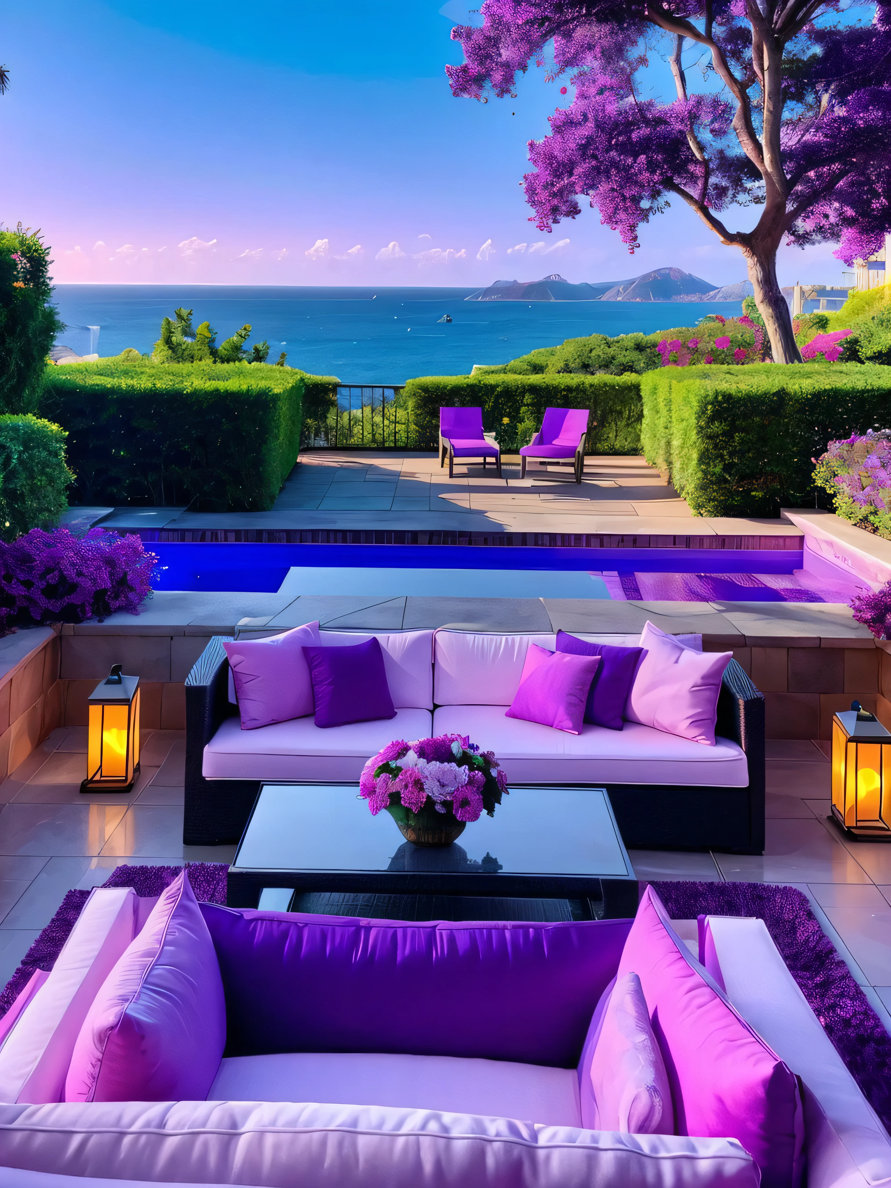 purple and white sofas on the terrace of a luxury villa, overlooking the ocean, purple vibe, ocean view, vibrant purple, purple and purple, purple and purple, in a candy land style house, vaporwave mansion, hot purple, looking out at a purple ocean, garish, all in the amazing outdoors view, penthouse, views to the ocean, bold colors, colorful modern, purple landscape, purple Zen style, brilliant modern colors, magenta colors