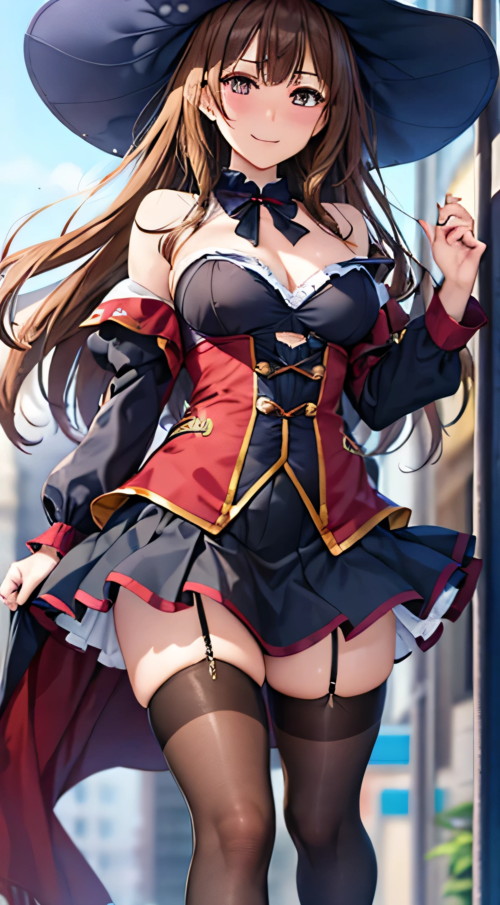 ((Tabletop, highest quality, High resolution, , Pixel Perfect, 4K, ))), Beautiful woman,, alone, beauty、The whole body is visible、 (((Sexy Witch Cosplay), Long dark blonde wavy hair、Off-the-shoulder jacket, Dark blue flared skirt、Witch Hat、, bangs, Pink lace panties、Black knee-high stockings、)), ((Brown eyes, Beautiful eyelashes, Realistic eyes)), ((Detailed face, Blushing:1.2)), ((Smooth texture:0.75, Realistic texture:0.65, Realistic:1.1, Anime CG Style)), Center of chest, Dynamic Angle, Perfect body, ((,)), Leaning forward、、、Very embarrassing panic smile, 、Castle Town Square、(The wind flipped up her skirt, 、、、、)、Angle from below