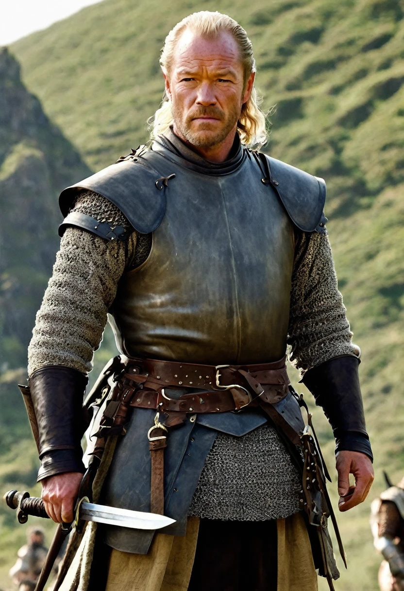 Jorah is a large middle-aged man,[12] swarthy[13] and with coarse black hair covering his chest and arms.[2] He is bearded[14] and balding,[4] but still strong and fit.[12] The knight has heavy black brows[15] over his dark,[2][16] deepset eyes.[15] Jorah is shorter but more muscular than Ser Barristan Selmy.[16] Daenerys Targaryen considers the brawny knight[13] not particularly handsome.[1]

Jorah wears wool and leather, with his dark green tunic displaying the standing black bear of House Mormont.[12] For the heat of Essos, he also owns horsehair leggings,[2] loose trousers of mottled sandsilk,[4] and open-toed riding sandals that lace up to his knee.[4] The knight has vests in the Dothraki style, including painted[2] and bleached white vests.[4]

Jorah armors himself in mail and leather[4] as well as gauntlets, greaves, and a flat-topped greathelm of dark grey steel.[3] His jerkin has iron studs.[16] The knight wields a longsword[3] and a dagger,[4] and he hangs his scabbard from a a twisted horsehair belt