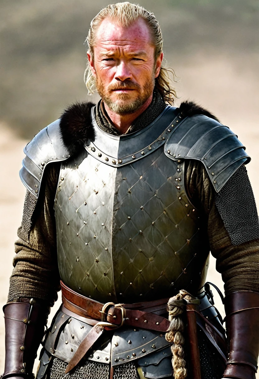 Jorah is a large middle-aged man,[12] swarthy[13] and with coarse black hair covering his chest and arms.[2] He is bearded[14] and balding,[4] but still strong and fit.[12] The knight has heavy black brows[15] over his dark,[2][16] deepset eyes.[15] Jorah is shorter but more muscular than Ser Barristan Selmy.[16] Daenerys Targaryen considers the brawny knight[13] not particularly handsome.[1]

Jorah wears wool and leather, with his dark green tunic displaying the standing black bear of House Mormont.[12] For the heat of Essos, he also owns horsehair leggings,[2] loose trousers of mottled sandsilk,[4] and open-toed riding sandals that lace up to his knee.[4] The knight has vests in the Dothraki style, including painted[2] and bleached white vests.[4]

Jorah armors himself in mail and leather[4] as well as gauntlets, greaves, and a flat-topped greathelm of dark grey steel.[3] His jerkin has iron studs.[16] The knight wields a longsword[3] and a dagger,[4] and he hangs his scabbard from a a twisted horsehair belt
