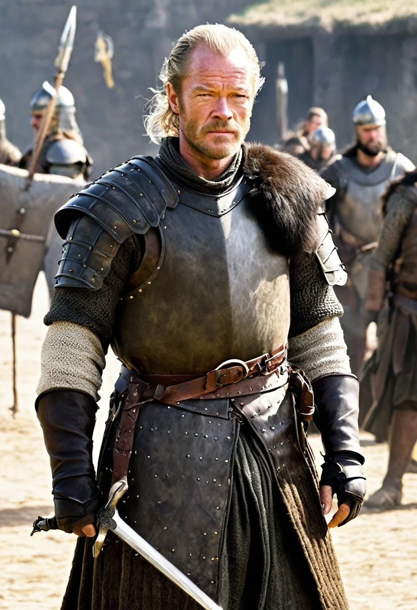 Jorah is a large middle-aged man,[12] swarthy[13] and with coarse black hair covering his chest and arms.[2] He is bearded[14] and balding,[4] but still strong and fit.[12] The knight has heavy black brows[15] over his dark,[2][16] deepset eyes.[15] Jorah is shorter but more muscular than Ser Barristan Selmy.[16] Daenerys Targaryen considers the brawny knight[13] not particularly handsome.[1]

Jorah wears wool and leather, with his dark green tunic displaying the standing black bear of House Mormont.[12] For the heat of Essos, he also owns horsehair leggings,[2] loose trousers of mottled sandsilk,[4] and open-toed riding sandals that lace up to his knee.[4] The knight has vests in the Dothraki style, including painted[2] and bleached white vests.[4]

Jorah armors himself in mail and leather[4] as well as gauntlets, greaves, and a flat-topped greathelm of dark grey steel.[3] His jerkin has iron studs.[16] The knight wields a longsword[3] and a dagger,[4] and he hangs his scabbard from a a twisted horsehair belt
