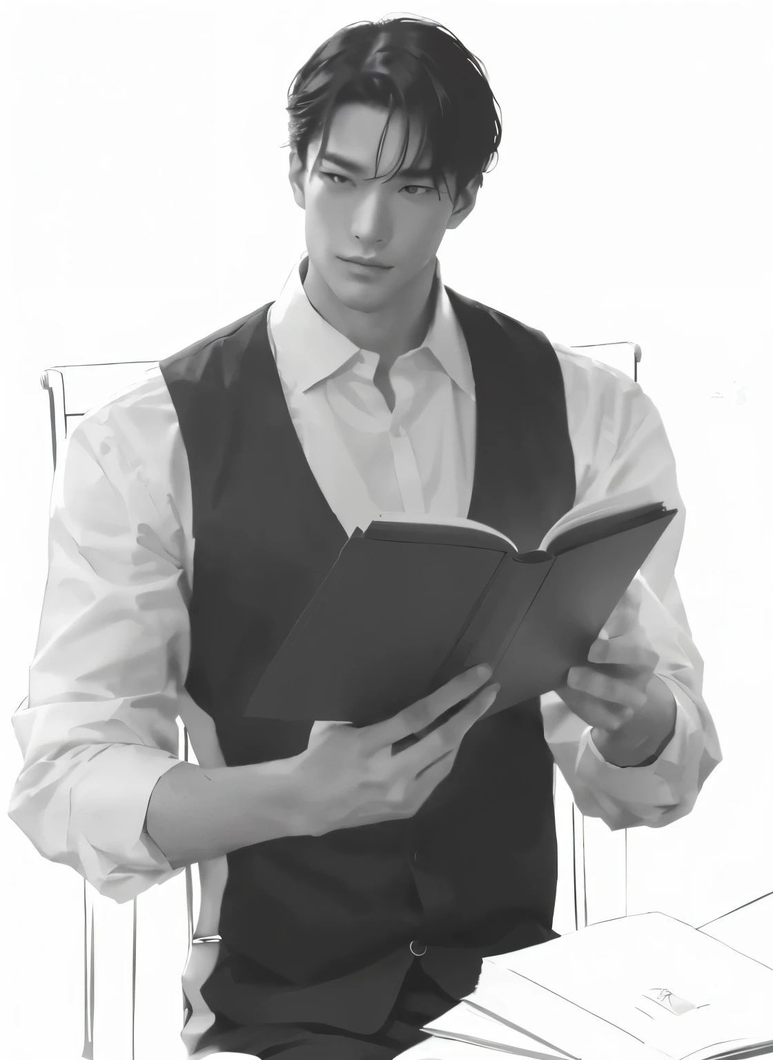 Drawing of a man reading a book on a chair, Inspired by Austin Briggs, He holds a big book, Inspiration from William Mustard Lockhart, Inspired by Hisui Tsukiura, unrealistic character concept, Portrait of an RPG book, Inspired by Yamagata Hiro, Inspired by Okumura Masanobu, Inspired by Tsuruko Yamazaki