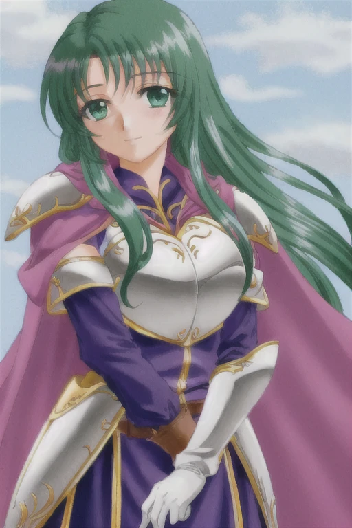 cecilia fe, 1girl, solo, looking at viewer, blush, smile, gloves, dress, closed mouth, elbow gloves, shiny, belt, white gloves, cape, armor, shiny hair, shoulder armor, breastplate, armored dress, purple cape, white armor