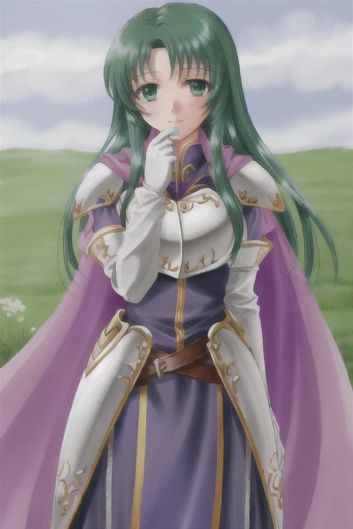 cecilia fe, 1girl, solo, looking at viewer, blush, smile, gloves, dress, closed mouth, elbow gloves, shiny, belt, white gloves, cape, armor, shiny hair, shoulder armor, breastplate, armored dress, purple cape, white armor