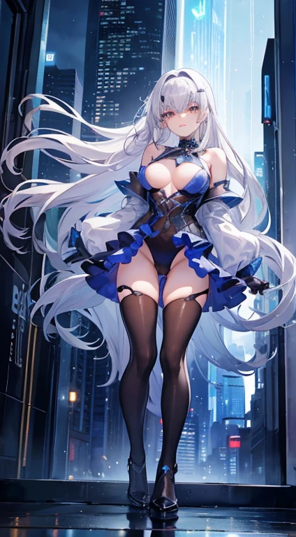 (best quality,4k,masterpiece:1.2),ultra-detailed,anime:1.2,silver hair,orange eyes,wet bikini,city background,beautiful detailed eyes,full body,long eyelashes,dark night city view,shiny streets,tall buildings,colorful lights,reflection on the wet ground,water droplets on the skin,wet hair dripping,long wet shadows,glowing neon signs,shimmering skyscrapers,vibrant atmosphere,deep blue sky,glistening raindrops,serene expression,confident pose,unique style,exquisite artwork,dynamic composition,dramatic lighting,subtle color palette,attractive beauty,captivating charm,magical ambience,entrancing scene,unforgettable impressionwow,this is the best ultimate masterpiece,4k high-definition anime image,which shows a beautiful girl with silver hair and orange eyes wearing a wet bikini standing in a city background. Her eyes are extremely detailed, full of charm and expressiveness. Her gaze is focused and her long eyelashes are clearly visible. The wet hair drips down, with water droplets on the skin. In the background, there is a city with shining streets, tall buildings, and colorful lights. The raindrops on the ground reflect the lights, creating a shimmering effect. The skyscrapers are also glowing with neon signs, adding to the vibrant atmosphere of the scene. The sky is deep blue, with glistening raindrops falling from above. The girl has a serene expression and confident pose, showcasing her unique style. The artwork is exquisite, with a dynamic composition and dramatic lighting. The color palette is subtle, adding to the overall attractiveness of the image. The scene is captivating and creates a magical ambience. This unforgettable impression will leave a lasting impact on the viewers, detail eyes