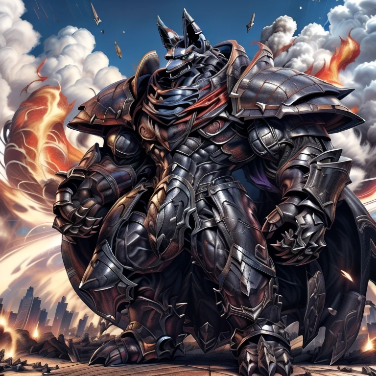 (masterpiece. official art. 8k. best quality. detailed full body. full body.)
(situation 1 : dominating LUCARIO. LUCARIO is over 1000 meters long. focus GIANT mechanical Muscular LUCARIO is trampling the city. Looking down. macro. stomp. Low-angle perspective. emphasizing the immense size.)
(situation 2 :smoke and flames rising from the destruction in the city)
(Additional details 1: BlackKnight_fe. Armor. Cape. Helmet. Sword. wearing a full-face helmet. high-tech bio-mecha armor. real texture material. whole body shines like metal. Wearing cyberpunk mecha. emphasizes the muscles. suit fully made of metal. intricate armor. Robotic suit. suit fully made of metal. cyborg. Powered exoskeleton with the same design as LUCARIO).
(Additional details 2: Detailed head. Detailed Body. Detailed abs. gigantic muscles. HYPER MUSCLES. Gigachad Muscular. big muscle. pecs. triceps. traps. unusually developed muscular body. body full of huge muscles. showing off muscles. pectorales enormes. Exaggeratedly huge muscles. huge muscles. long legs.).
(Additional details 3: NJfurry. lucario wears a long black cloak.The claws are sharp. Sharp teeth. 5 toes.).
(Additional details 4: tiny thong, metallic color: jet black thong. bulge in the crotch.)