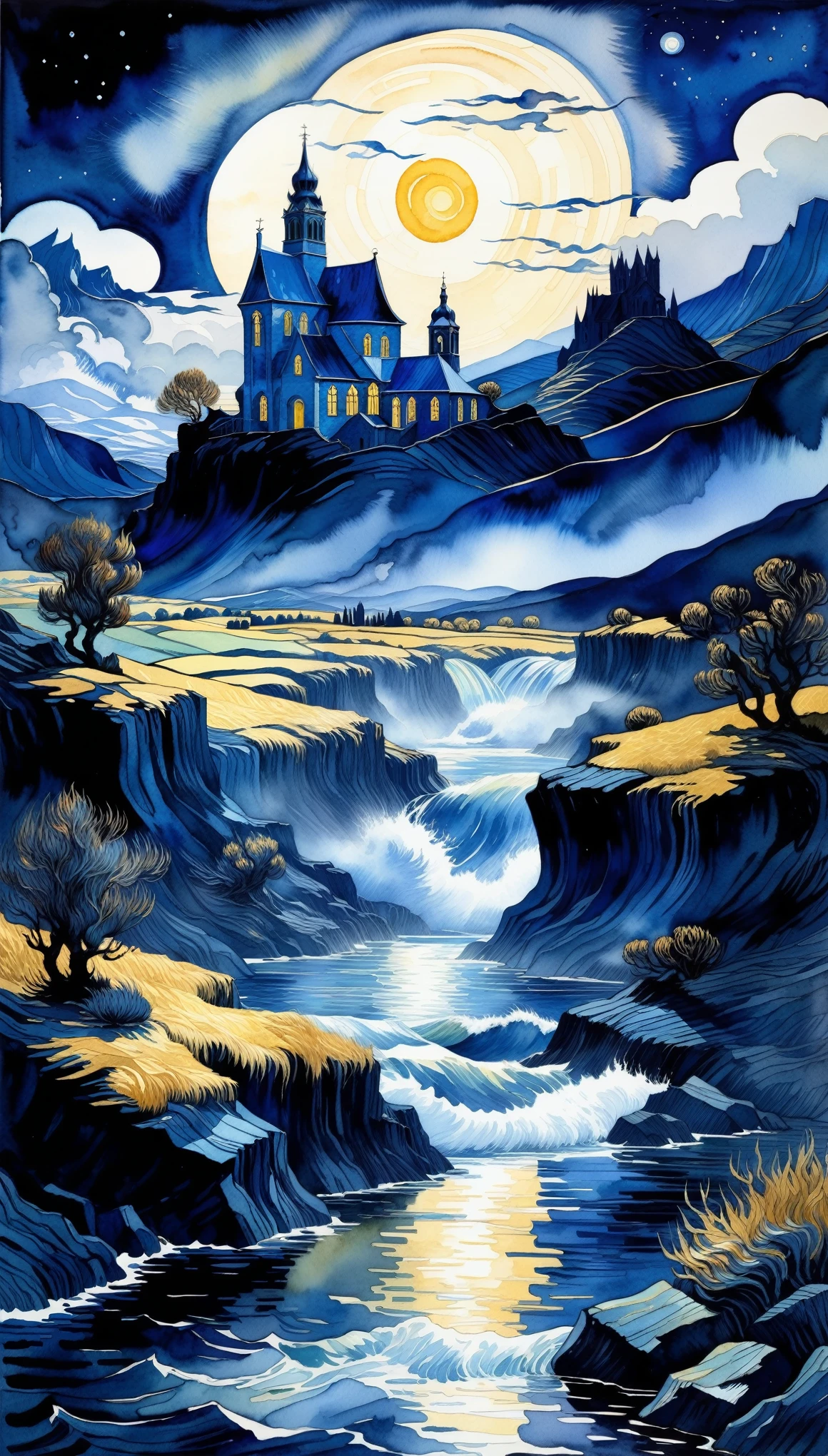 a fantasy landscape in a very dark blue color, van Gogh style, Watercolor, trending on art station, sharp focus, studio photo, intricate details, highly detailed, by Greg Rutkowski