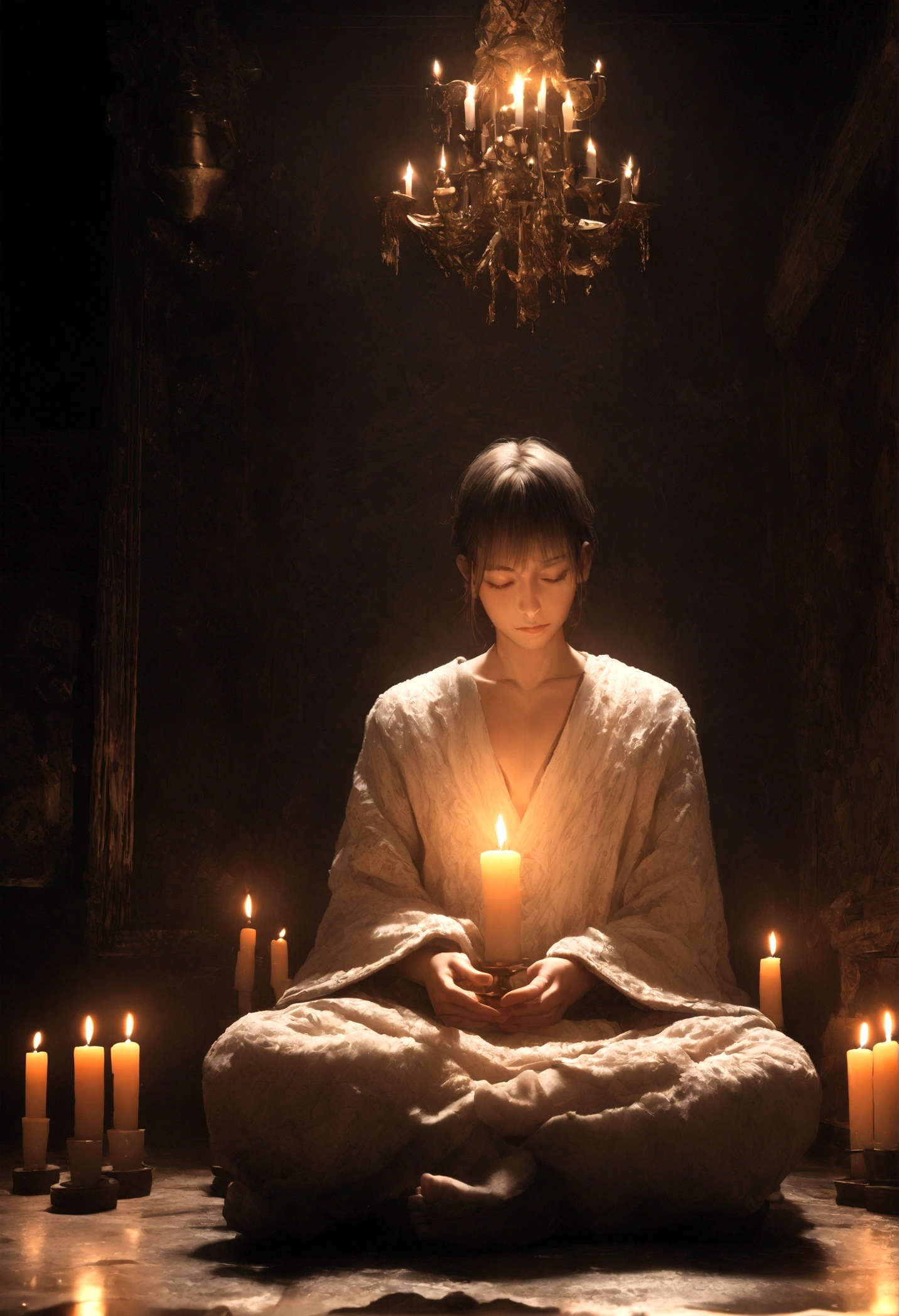 warrior: Man meditating by candlelight in a dark room, Candles to light up the atmosphere (masterpiece) (8K High Resolution) (highest quality) (Ultra high definition) (Ultra-realistic)(RAW Photos) (Realistic photos) (Bright lighting)