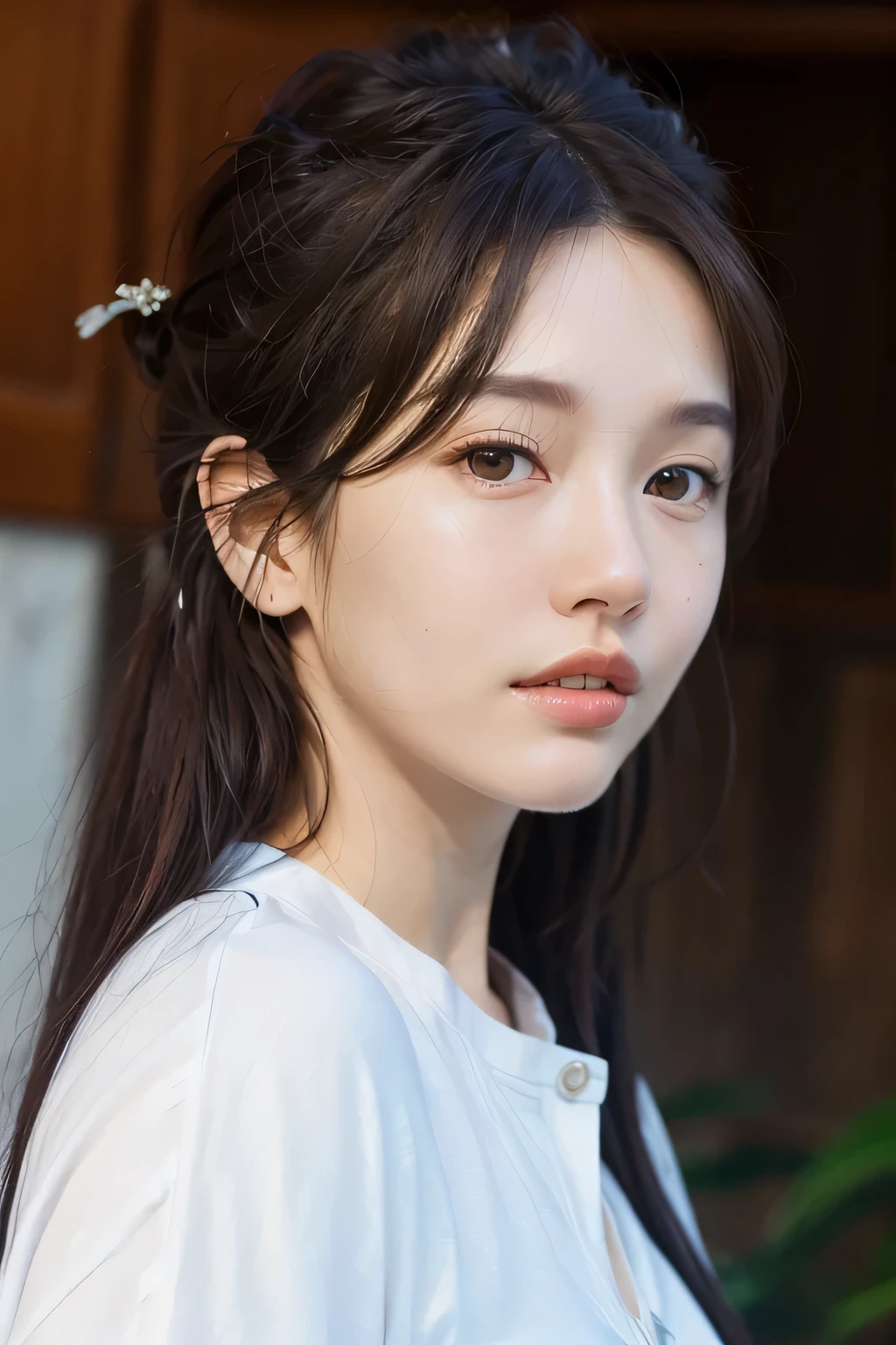 Dressed, (photo Realistic:1.4), (hyper Realistic:1.4), (Realistic:1.3),
(Smoother lighting:1.05), (Improving the lighting quality of movies:0.9), 32k,
One girl,20 year old girl, Realistic lighting, Backlight, Light on the face, Ray-tracing, (Bright light:1.2), (Improvement of quality:1.4),
(Highest quality real texture skins), Detailed drawn eyes, Detailed painted face,
(Tired, sleepy and satisfied:0.0), Face close-up, T-Shirts,
(Enhance the mood of your body line:1.1), Shiny skin