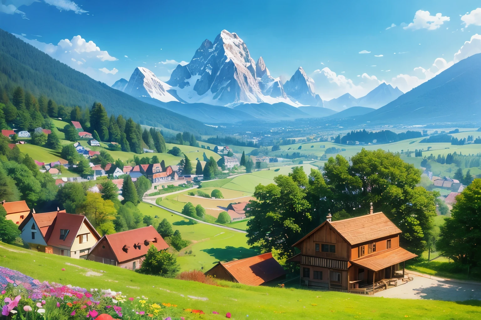 bright, (((cartoon style))), a background of a inside of a Wonderful summer landscape, bright sun, beautiful mountains, wooden houses in the distance, bright multi -colored flowers, fabulous mushrooms no human, illustration for children, fantasy art, masterpiece, detailed, intricate, 4k, art