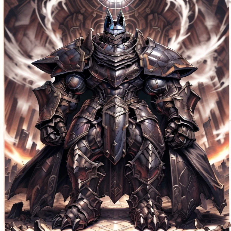 (masterpiece. official art. 8k. best quality. detailed full body. full body.)
(situation 1 : dominating LUCARIO. LUCARIO is over 1000 meters long. focus GIANT mechanical Muscular LUCARIO is trampling the city. Looking down. macro. stomp. Low-angle perspective. emphasizing the immense size.)
(situation 2 :smoke and flames rising from the destruction in the city)
(Additional details 1: BlackKnight_fe. Armor. Cape. Helmet. Sword. wearing a full-face helmet. high-tech bio-mecha armor. real texture material. whole body shines like metal. Wearing cyberpunk mecha. emphasizes the muscles. suit fully made of metal. intricate armor. Robotic suit. suit fully made of metal. cyborg. Powered exoskeleton with the same design as LUCARIO).
(Additional details 2: Detailed head. Detailed Body. Detailed abs. gigantic muscles. HYPER MUSCLES. Gigachad Muscular. big muscle. pecs. triceps. traps. unusually developed muscular body. body full of huge muscles. showing off muscles. pectorales enormes. Exaggeratedly huge muscles. huge muscles. long legs.).
(Additional details 3: NJfurry. lucario wears a long black cloak.The claws are sharp. Sharp teeth. 5 toes.).
(Additional details 4: tiny thong, metallic color: jet black thong. bulge in the crotch.)