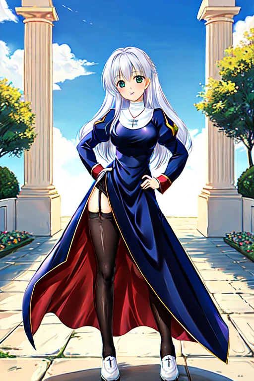 priestRO, long sleeves, pantyhose, thighhighs, garter belt, shoes, long dress, puffy sleeves, turtleneck,
necklace, cross necklace,
white hair, green eye, long hair, wavy hair,
standing, hands on hip,
looking at viewer, happy, smile,
outdoor, brick floor, fountain, stone castle background, garden, town, blue sky, sun, cloud,