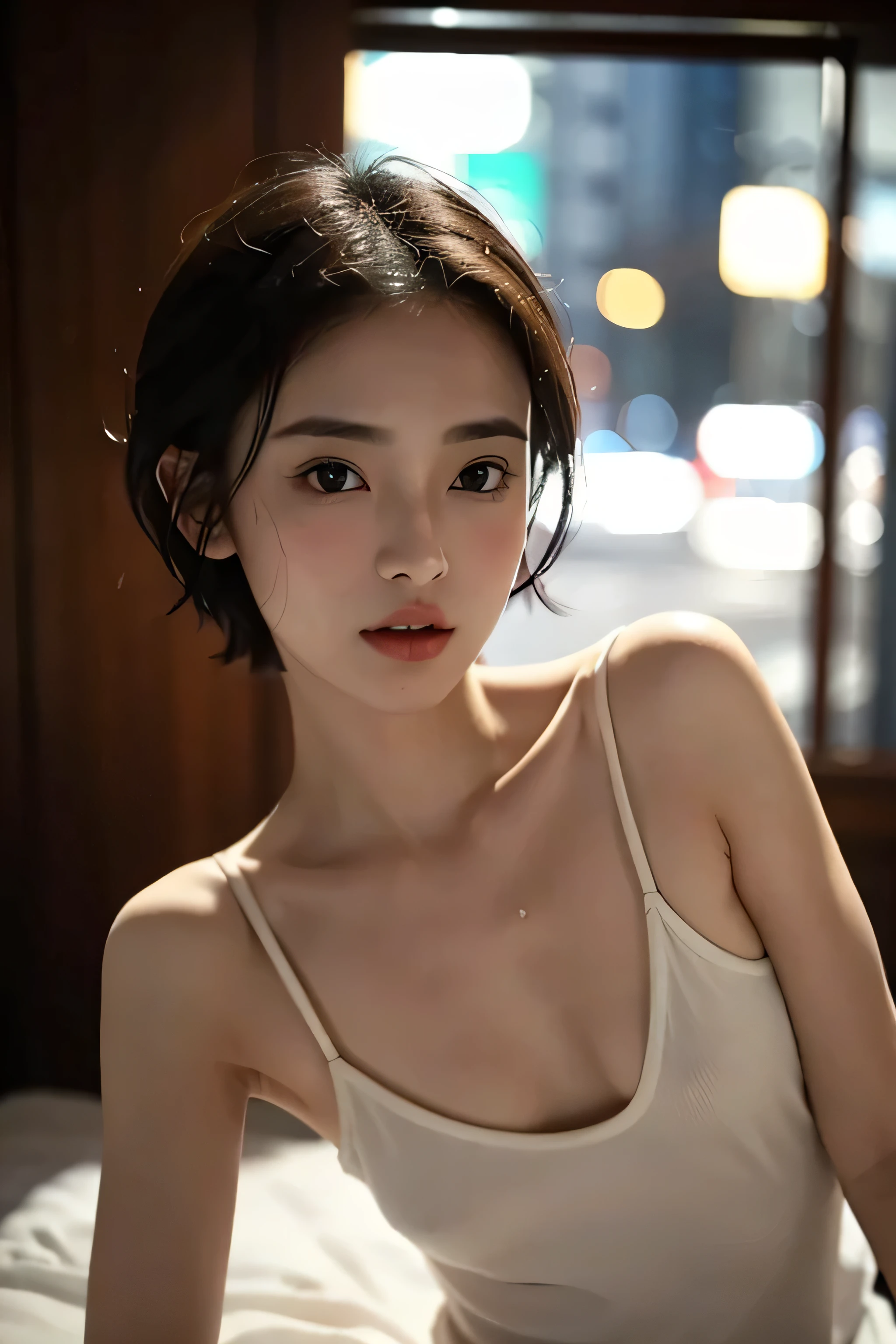 1girl、Streets of Tokyo、natta、A city scape、city light、The upper part of the body、a closeup、8k、RAW Photography、top-quality、​masterpiece、realisitic、Photorealsitic、Woman in wet white shirt、top-quality、1 girl, very small full breasts、tag、with light glowing、blur backgroun、bokeh dof、inside in room、a gorgeous(short-hair、Forehead:1.2)、Beautiful sky with details、耳Nipple Ring、(dynamicposes:1.2)、 (The upper part of the body:0.8)、Soft lighting、the wind、glowy skin、Straight face、