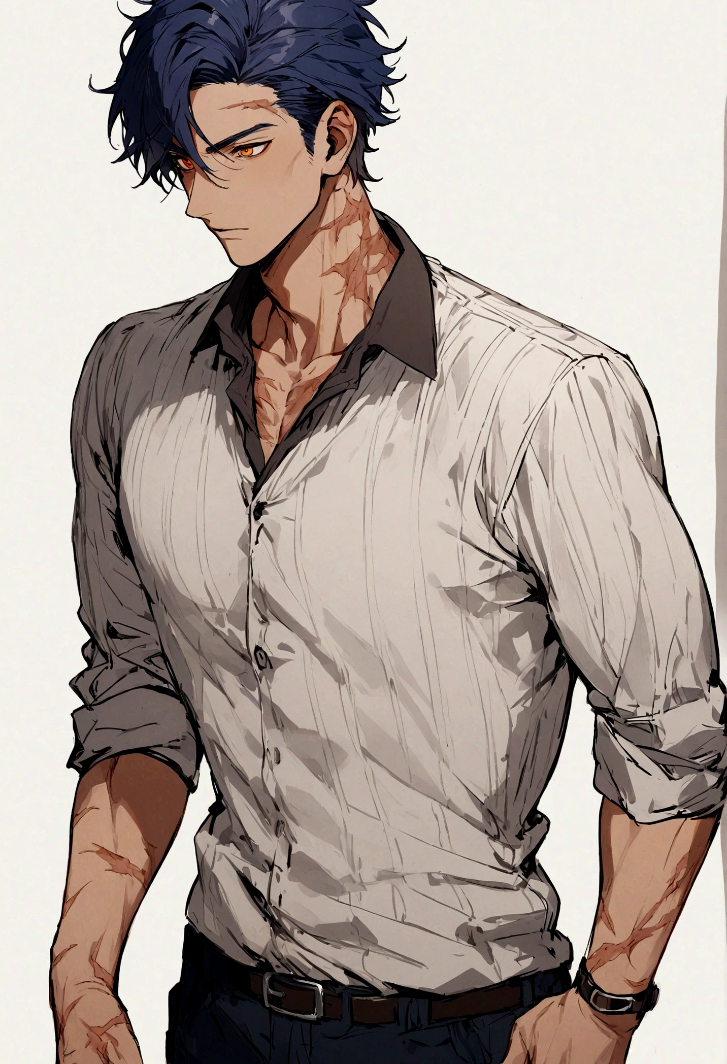 boy, man, male, masculine, masculine appearance, navy blue hair, short hair, orange eyes, scars all over his body, uses casual clothes