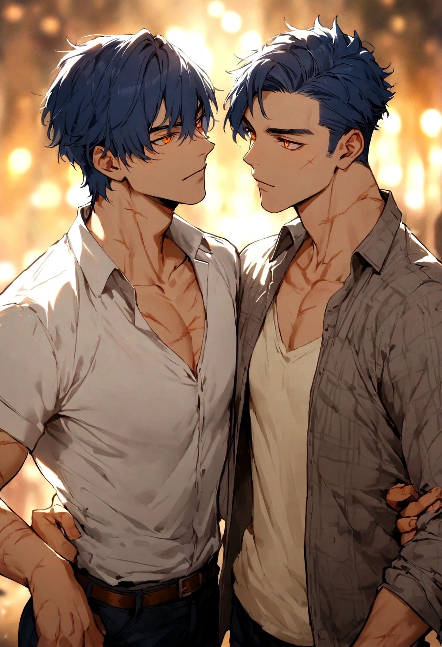 boy, man, male, masculine, masculine appearance, navy blue hair, short hair, orange eyes, scars all over his body, uses casual clothes