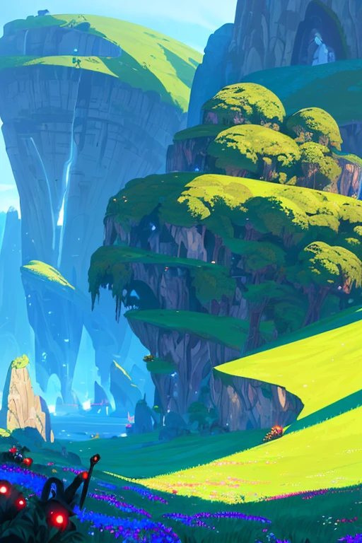 award winning photo, ((masterpiece,best quality)), absurdres, Vivid_Setting, no humans, scenery, cinematic composition, landspace drawing, environment, background illustration, fantasy, futuristic surreal game-world, cyberpunk, surreal, mmorpg anime game, fantasy, magic, buffs, landmarks, flower, grass, outdoor, blue sky,,