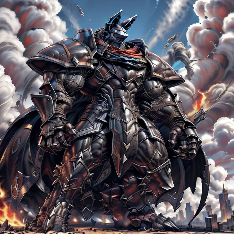 (masterpiece. official art. 8k. best quality. detailed full body. full body.)

(situation 1 : dominating LUCARIO. LUCARIO is over 1000 meters long. focus GIANT mechanical Muscular LUCARIO is trampling the city. Looking down. macro. stomp. Low-angle perspective. emphasizing the immense size.)

(situation 2 :smoke and flames rising from the destruction in the city)

(Additional details 1: BlackKnight_fe. Armor. Cape. Helmet. Sword. wearing a full-face helmet. high-tech bio-mecha armor. real texture material. whole body shines like metal. Wearing cyberpunk mecha. emphasizes the muscles. suit fully made of metal. intricate armor. Robotic suit. suit fully made of metal. cyborg. Powered exoskeleton with the same design as LUCARIO).

(Additional details 2: Detailed head. Detailed Body. Detailed abs. gigantic muscles. HYPER MUSCLES. Gigachad Muscular. big muscle. pecs. triceps. traps. unusually developed muscular body. body full of huge muscles. showing off muscles. pectorales enormes. Exaggeratedly huge muscles. huge muscles. long legs.).

(Additional details 3: NJfurry. lucario wears a long black cloak.The claws are sharp. Sharp teeth. 5 toes.).

(Additional details 4: black color hyper ?????. hyper black penis. big penis)