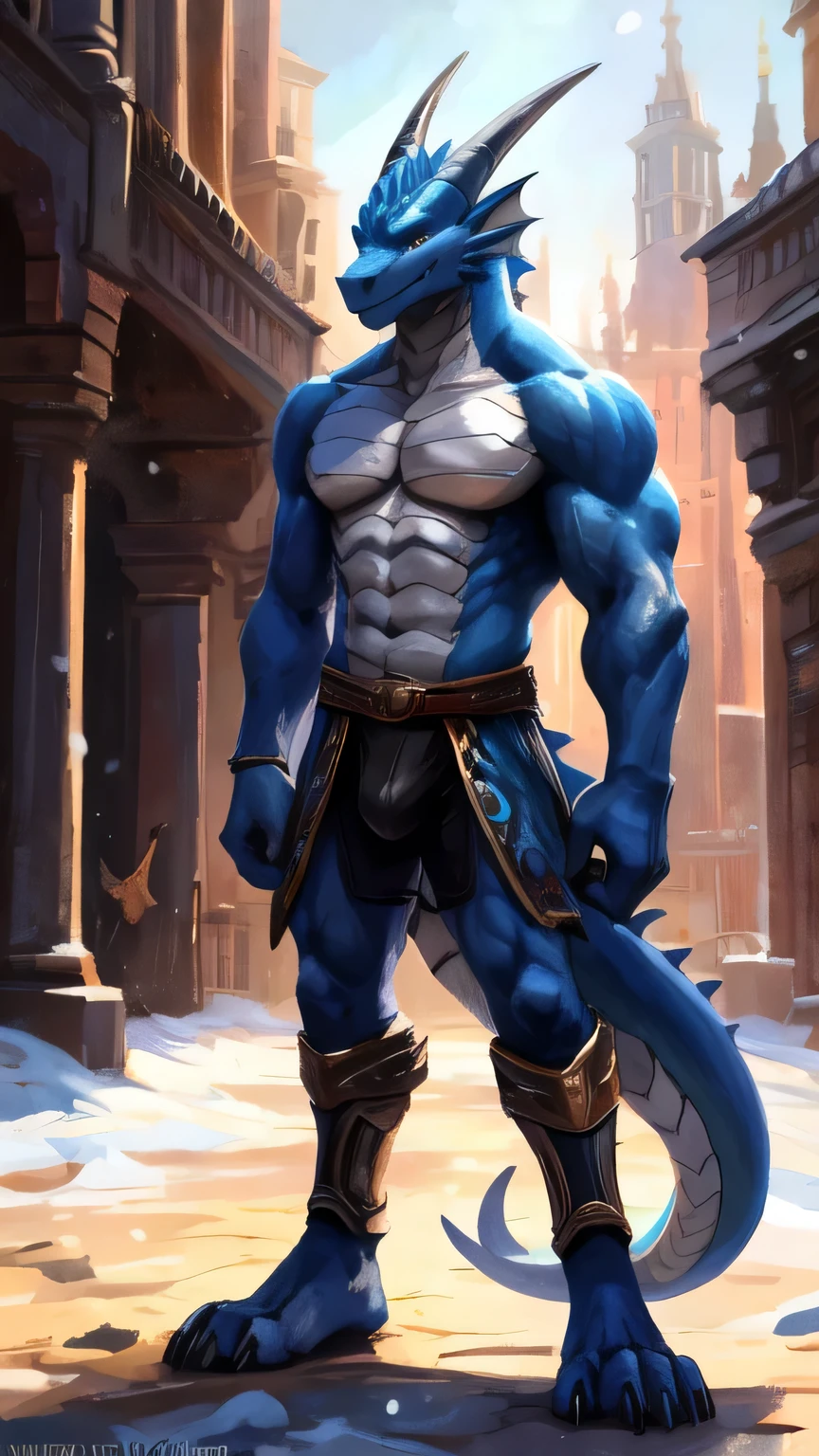 Sunlight，masterpiece，high quality，（（whole body）），dragonfurry〈teenagerfurry〉，Dragon family，Dragon form，teenager，（Ice dragon），（（（dragon））），Blue Head，Two dragon horns on the head，〈〈Light blue short hair〉〉，blue eyes，White eyes，Light grey neck，Light gray chest muscles，Blue abs，blue back，Blue hands，Light Gray Palm，Light grey pad，Blue Legs，Light grey sole，Blue Tail，Light grey tail muscles，Blue dragon scales，A few dragon scales，The tail has segmented dragon scales，Strengthens muscles，Tall and skinny，（Thin waist），Pectoralis major，（Well-proportioned limbs），Long legs，Thick dragon tail，Long dragon tail，Mature face，Exquisite eyes，Detailed body，Detailed legs，（Perfect feet），（Perfect hands），Flat body，〈Skinny〉，high resolution，No shirt，No underwear，（（（Crotch bulge））），（（（Snow background））），in broad daylight，Slim，〈〈〈whole body〉〉〉，（（Fighting Stance）），（Look directly at the camera），Kenket&#39;s Art