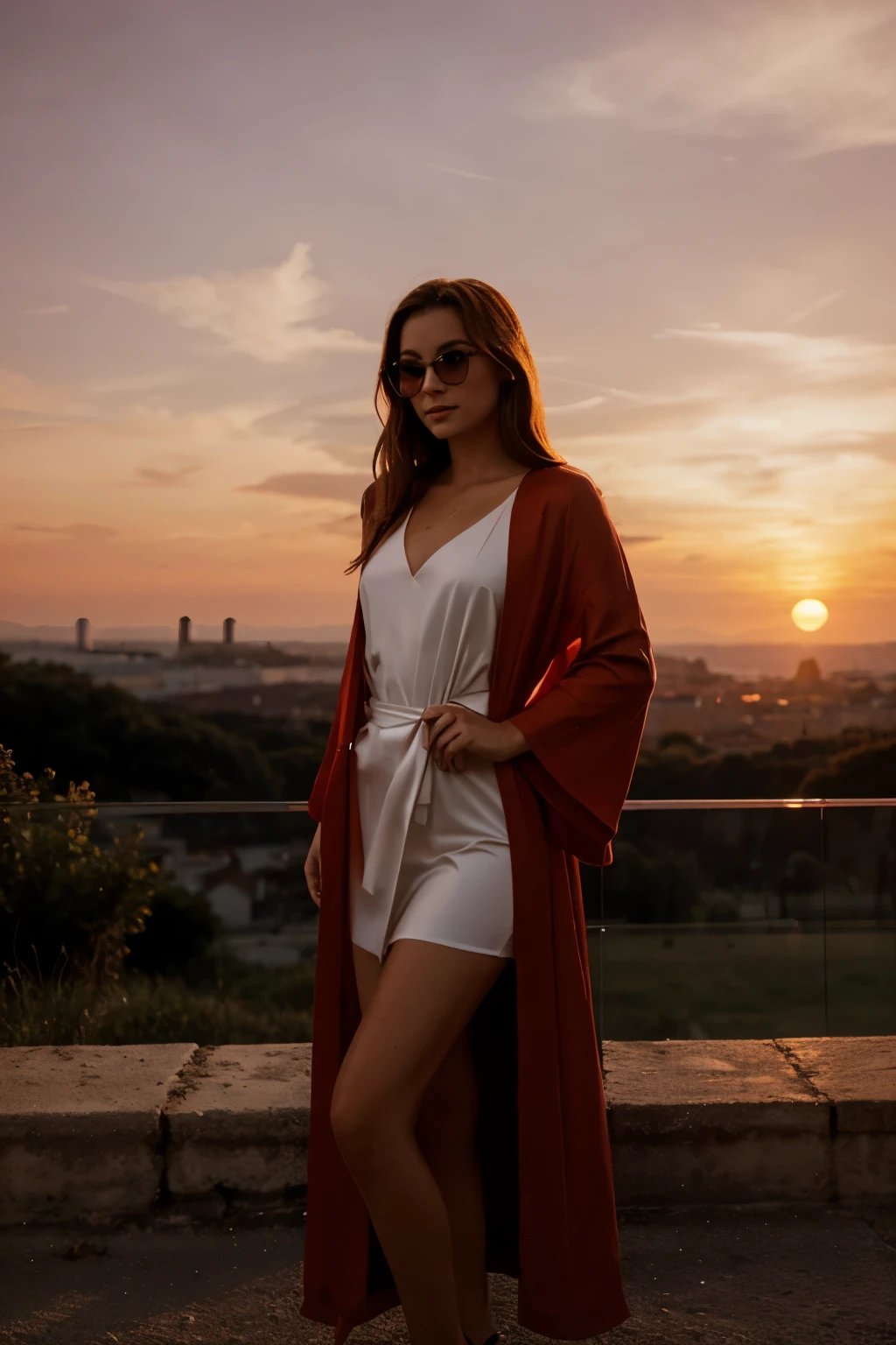 Femme,lunette,sunset, robe rouge 