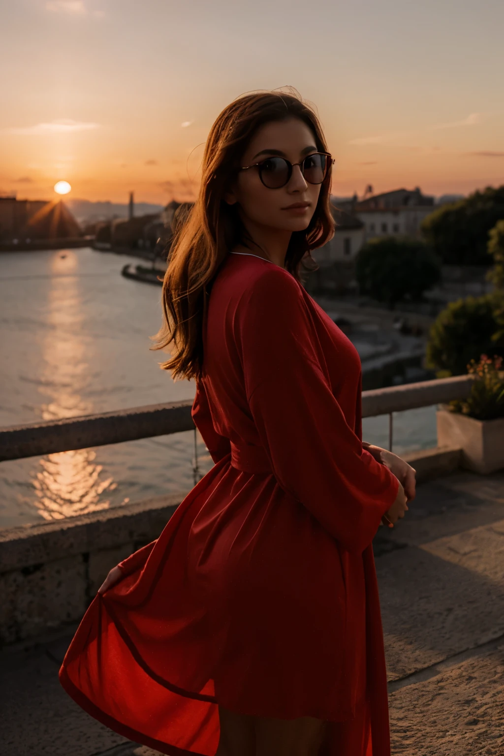 Femme,lunette,sunset, robe rouge