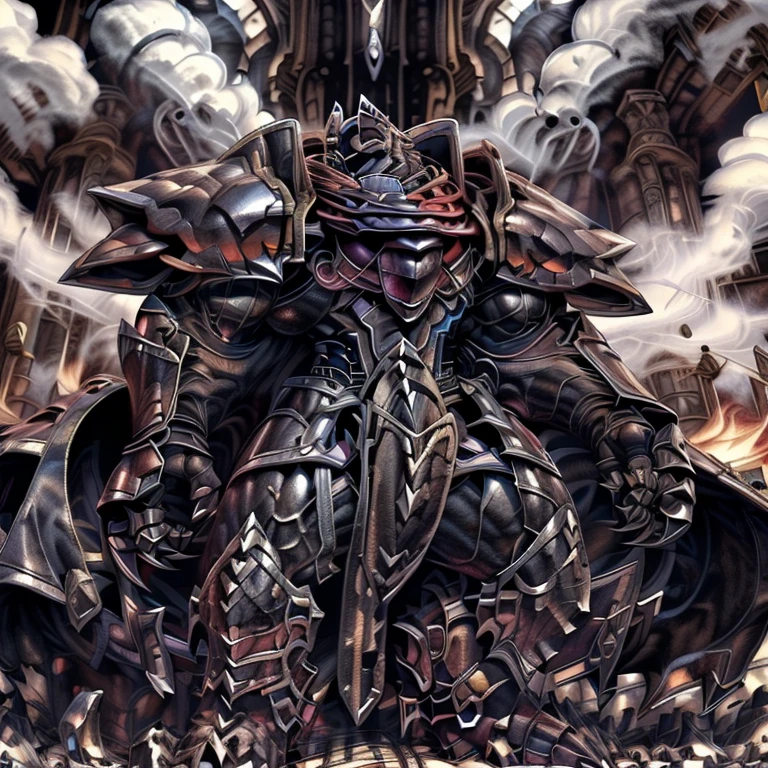 (masterpiece. official art. 8k. best quality. detailed full body. full body.)

(situation 1 : dominating LUCARIO. LUCARIO is over 1000 meters long. focus GIANT mechanical Muscular LUCARIO is trampling the city. Looking down. macro. stomp. Low-angle perspective. emphasizing the immense size.)

(situation 2 :smoke and flames rising from the destruction in the city)

(Additional details 1: BlackKnight_fe. Armor. Cape. Helmet. Sword. wearing a full-face helmet. high-tech bio-mecha armor. real texture material. whole body shines like metal. Wearing cyberpunk mecha. emphasizes the muscles. suit fully made of metal. intricate armor. Robotic suit. suit fully made of metal. cyborg. Powered exoskeleton with the same design as LUCARIO).

(Additional details 2: Detailed head. Detailed Body. Detailed abs. gigantic muscles. HYPER MUSCLES. Gigachad Muscular. big muscle. pecs. triceps. traps. unusually developed muscular body. body full of huge muscles. showing off muscles. pectorales enormes. Exaggeratedly huge muscles. huge muscles. long legs.).

(Additional details 3: NJfurry. lucario wears a long black cloak.The claws are sharp. Sharp teeth. 5 toes.).

(Additional details 4: tiny thong, metallic color: jet black thong. bulge in the crotch.)