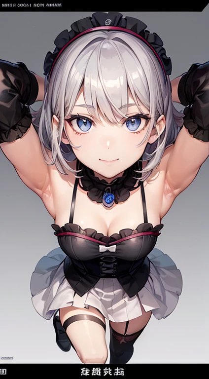 (Character Sheet), (whole body, Reference Sheet), Vtuber reference pose, Character A Pose, ( 1 girl ),((masterpiece)),(((highest quality))),((Character design sheet)), ((whole body画像)) figure,((Detailed face:1.4)),(Eyes drawn in detail), rough sketch, ,A seductive smile,Plain background, Clean background,8K,最高masterpiece,One woman,Dutch beauty,Ella Freya(Ella Freya),Smile,30 years old,Blue Eyes,White Hair,Short Bob Hair,(Gothic ta),Dutch beauty,Ella Freya(Ella Freya), short hair,Slender figure, Cleavage, Small breasts, Gray Hair, Black hair band,