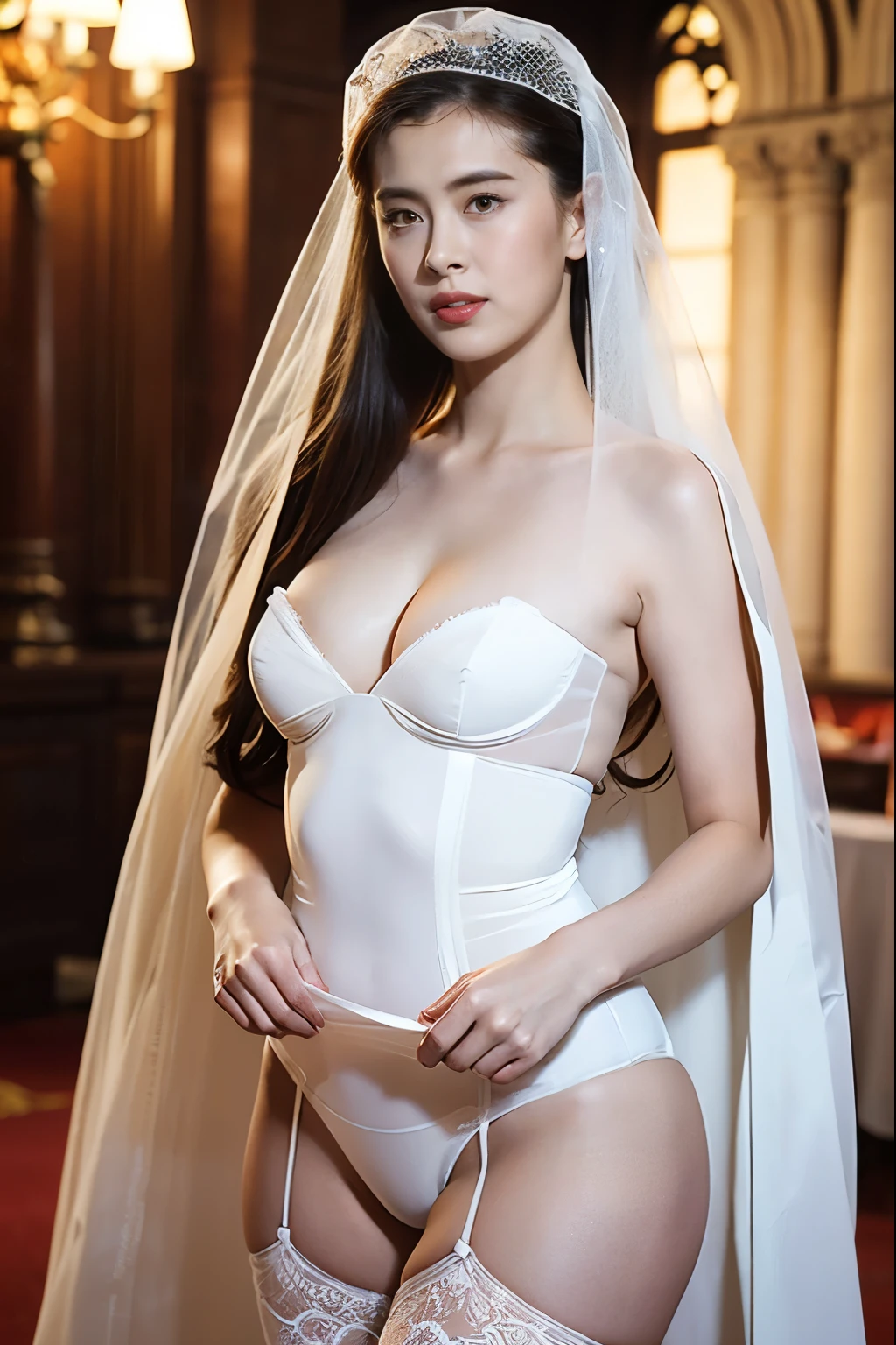 Naked Bride." shape, Big Breasts, Beautiful nipples, Perfect body, whole body , Church wedding,  (((There were many participants behind her..))).  (((white transparent wedding dress, Cape, Veil, Loose fitting white corset, Transparent Micro Panties, Transparent Micro Bra, Fishnet tights.))) . Thick pubic hair. ,(highest quality, 4K, 8k, High resolution, Tabletop:1.2), Super detailed, (Realistic, Realistic, Photorealistic:1.37), Royal, Fascinating, (Vibrant colors, Sharp Chest:1.1), Soft lighting"Writhing expression. The most beautiful woman in town.