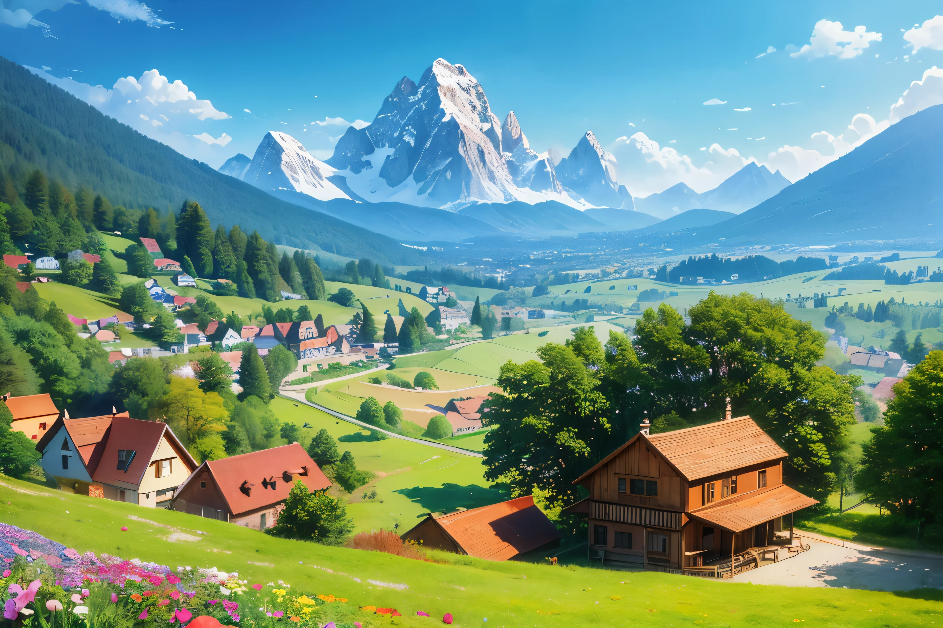 bright, (((cartoon style))), a background of a inside of a Wonderful summer landscape, bright sun, beautiful mountains, wooden houses in the distance, bright multi -colored flowers, fabulous mushrooms no human, illustration for children, fantasy art, masterpiece, detailed, intricate, 4k, art