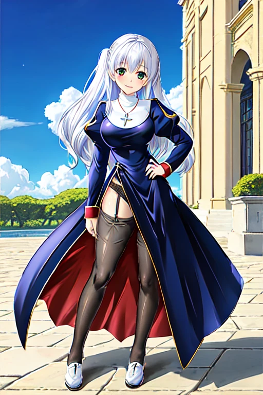 priestRO, long sleeves, pantyhose, thighhighs, garter belt, shoes, long dress, puffy sleeves, turtleneck,
necklace, cross necklace,
white hair, green eye, long skirt, long hair, wavy hair,
standing, hands on hip,
looking at viewer, happy, smile,
outdoor, brick floor, fountain, stone castle background, garden, town, blue sky, sun, cloud,