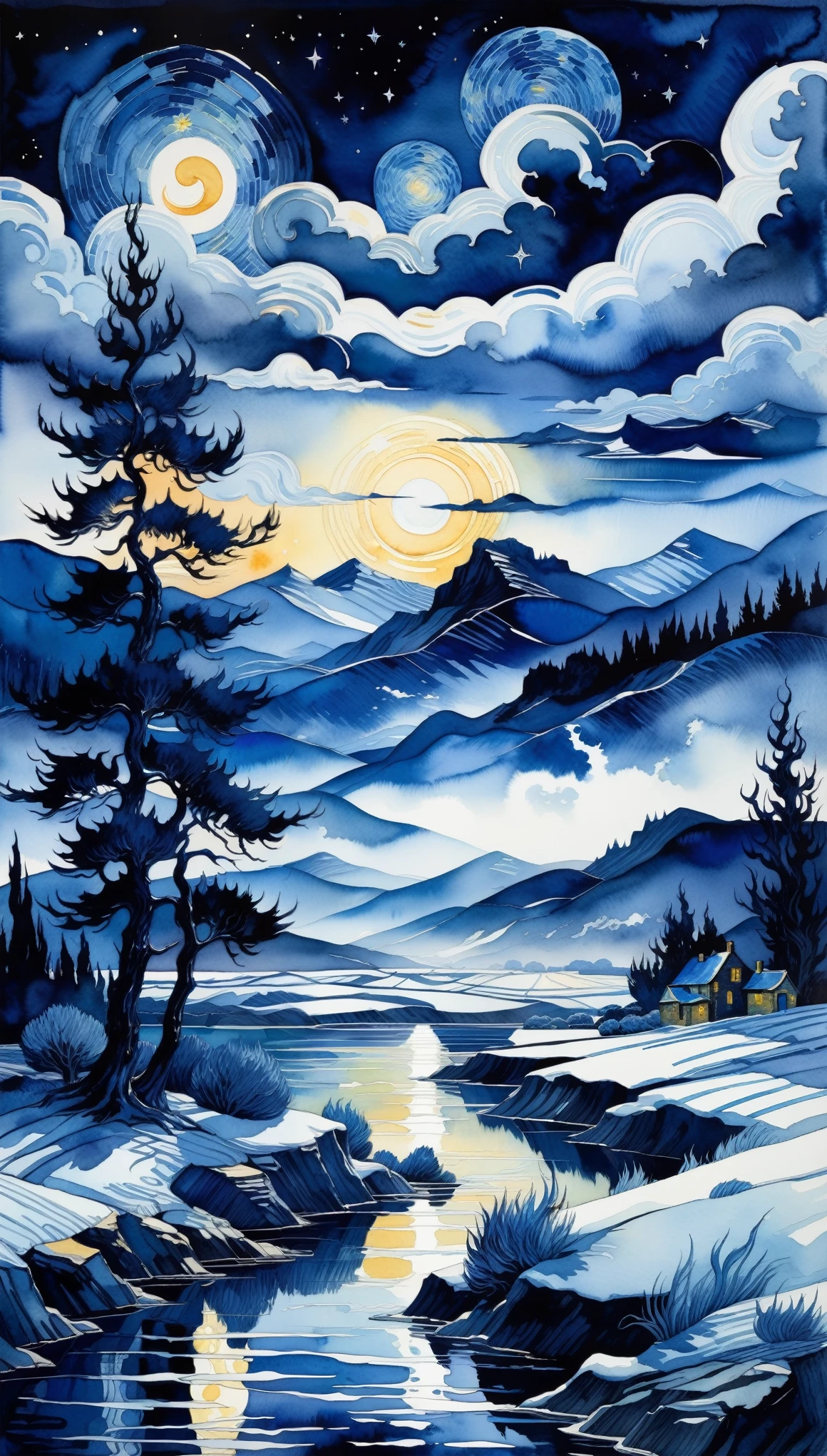 a fantasy landscape in a very dark blue color, van Gogh style, Watercolor, trending on art station, sharp focus, studio photo, intricate details, highly detailed, by Greg Rutkowski
