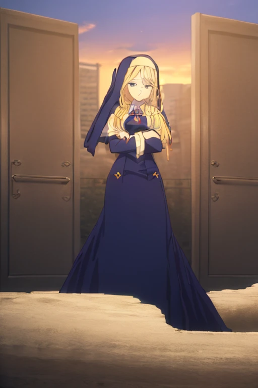 ((masterpiece)),((highres)),((best quality)),((highly detailed)),((extremely detailed CG unity 8k wallpaper)),illustration,long skirt,Sharon,solo,looking at viewer,crossed arms,expressionless,closed mouth,standing,outdoors,dusk,open door,from side,