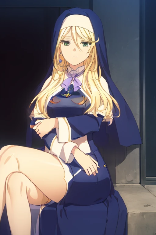 ((masterpiece)),((highres)),((best quality)),((highly detailed)),((extremely detailed CG unity 8k wallpaper)),illustration,long skirt,Sharon,solo,looking at viewer,crossed arms,expressionless,closed mouth,standing,outdoors,dusk,open door,from side,