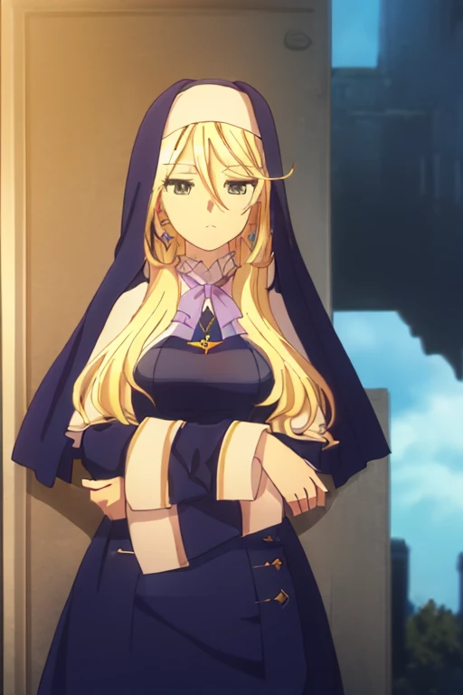 ((masterpiece)),((highres)),((best quality)),((highly detailed)),((extremely detailed CG unity 8k wallpaper)),illustration,long skirt,Sharon,solo,looking at viewer,crossed arms,expressionless,closed mouth,standing,outdoors,dusk,open door,from side,